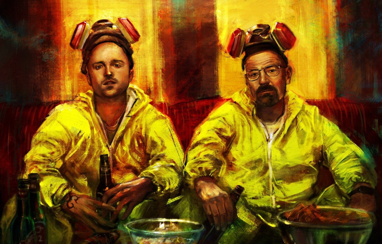 1340x850 Wallpaper beer, art, Breaking Bad, respirator, costumes, amc, Bryan Cranston, Walter White, Aaron Paul, Jesse Pinkman, Mr. White image for desktop, section фильмы, Desktop