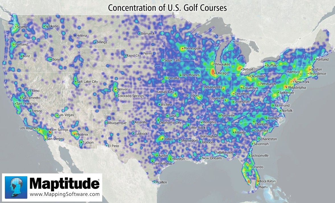 1180x720 Maptitude Map: Concentration of U.S. Golf Courses, Desktop