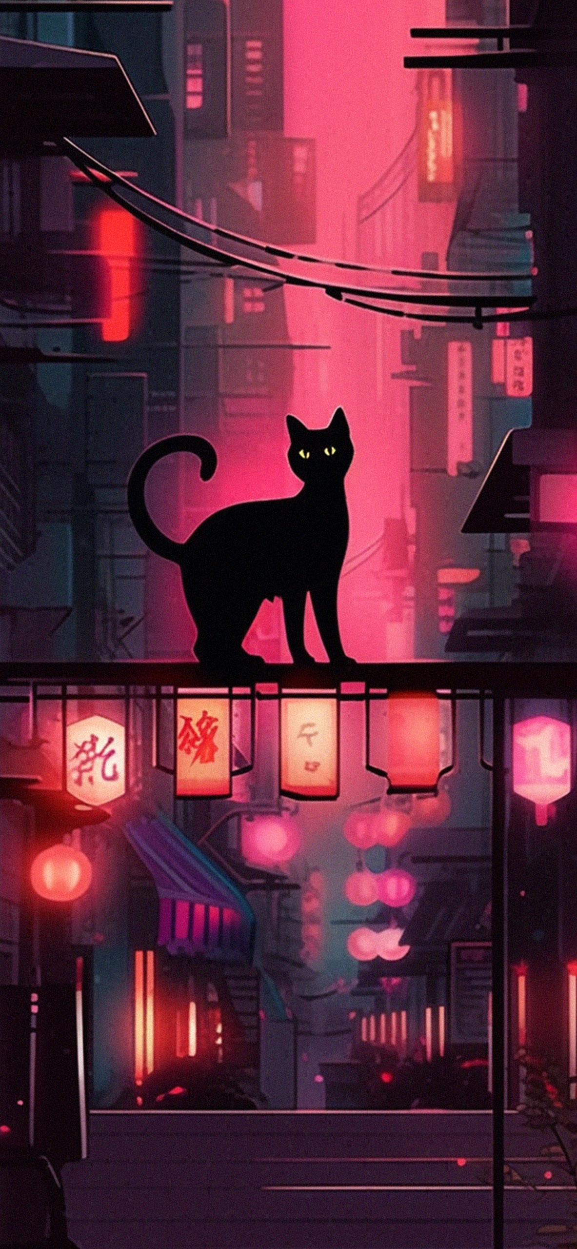 1190x2560 Black Cat in Chinatown Art Wallpaper Feline Wallpaper HD, Phone