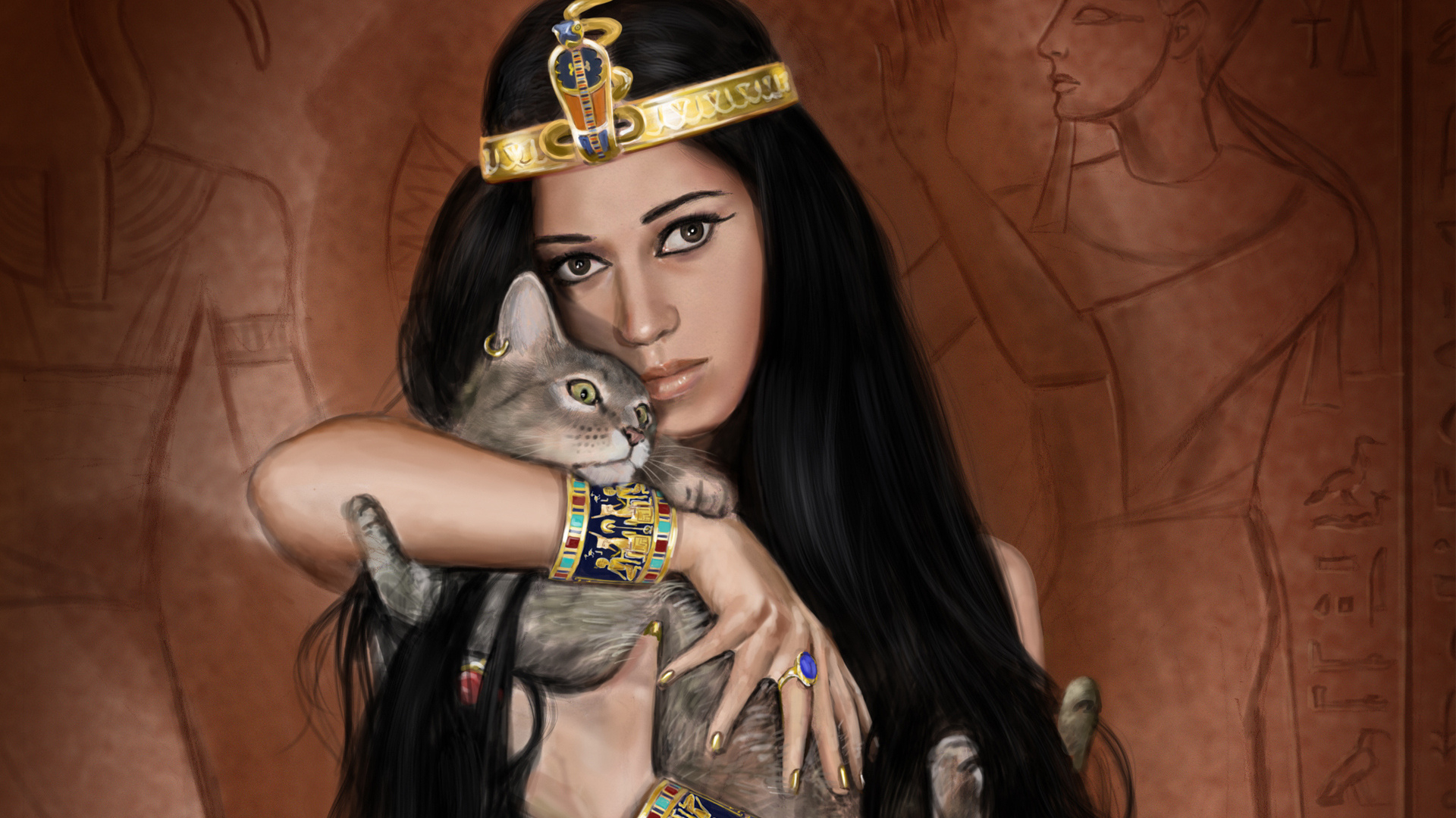 1920x1080  queen, girl, egyptian, egypt, art, cat, Desktop