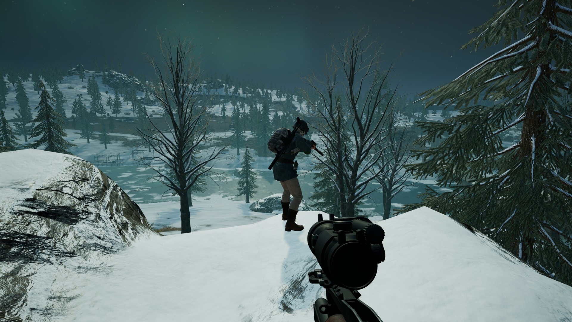 1920x1080 Wallpaper, PUBG, winter, blue coat, backpack, forest, mountains, trees, boots, frozen lake, snow, scopes, Desktop