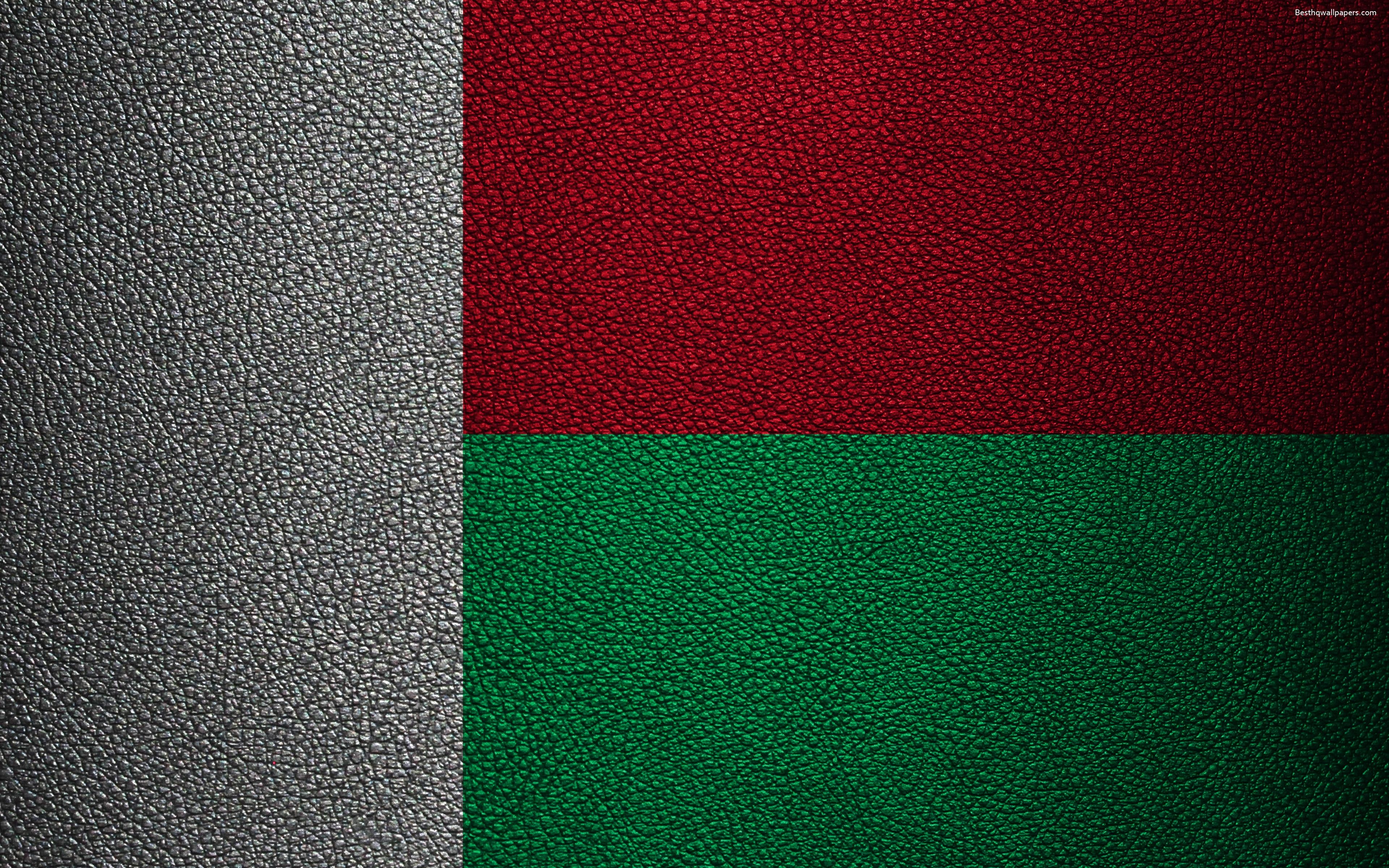 3840x2400 Download wallpaper Flag of Madagascar, 4k, leather texture, Africa, Desktop