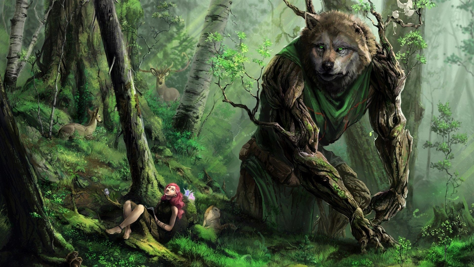 1920x1080 Wallpaper Giant Wolf, Girl, Beast, Deers, Desktop