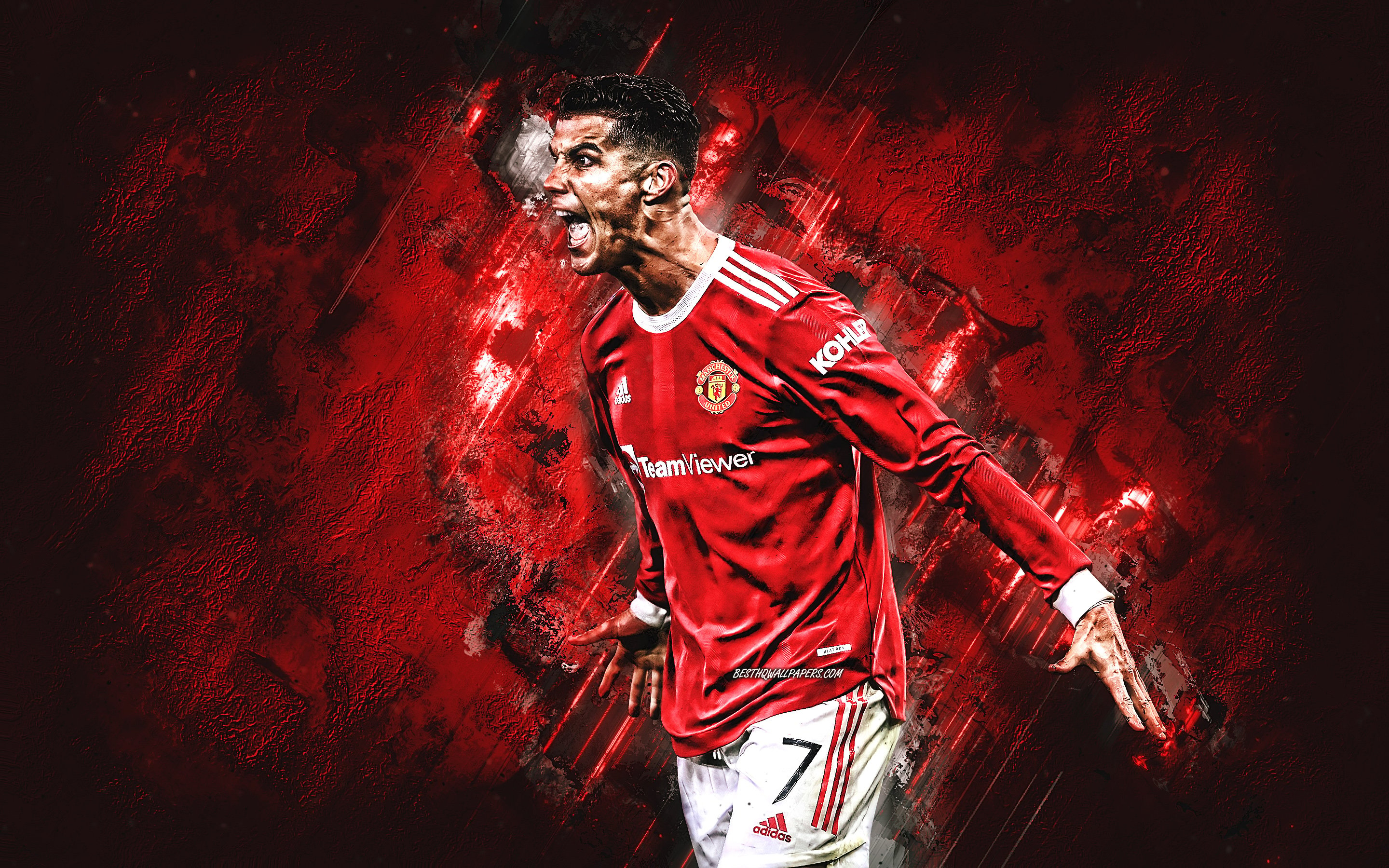 2880x1800 Download wallpaper Cristiano Ronaldo, Manchester United FC, red stone background, Ronaldo Manchester United, CR7 Manchester, football star, football for desktop with resolution. High Quality HD picture wallpaper, Desktop