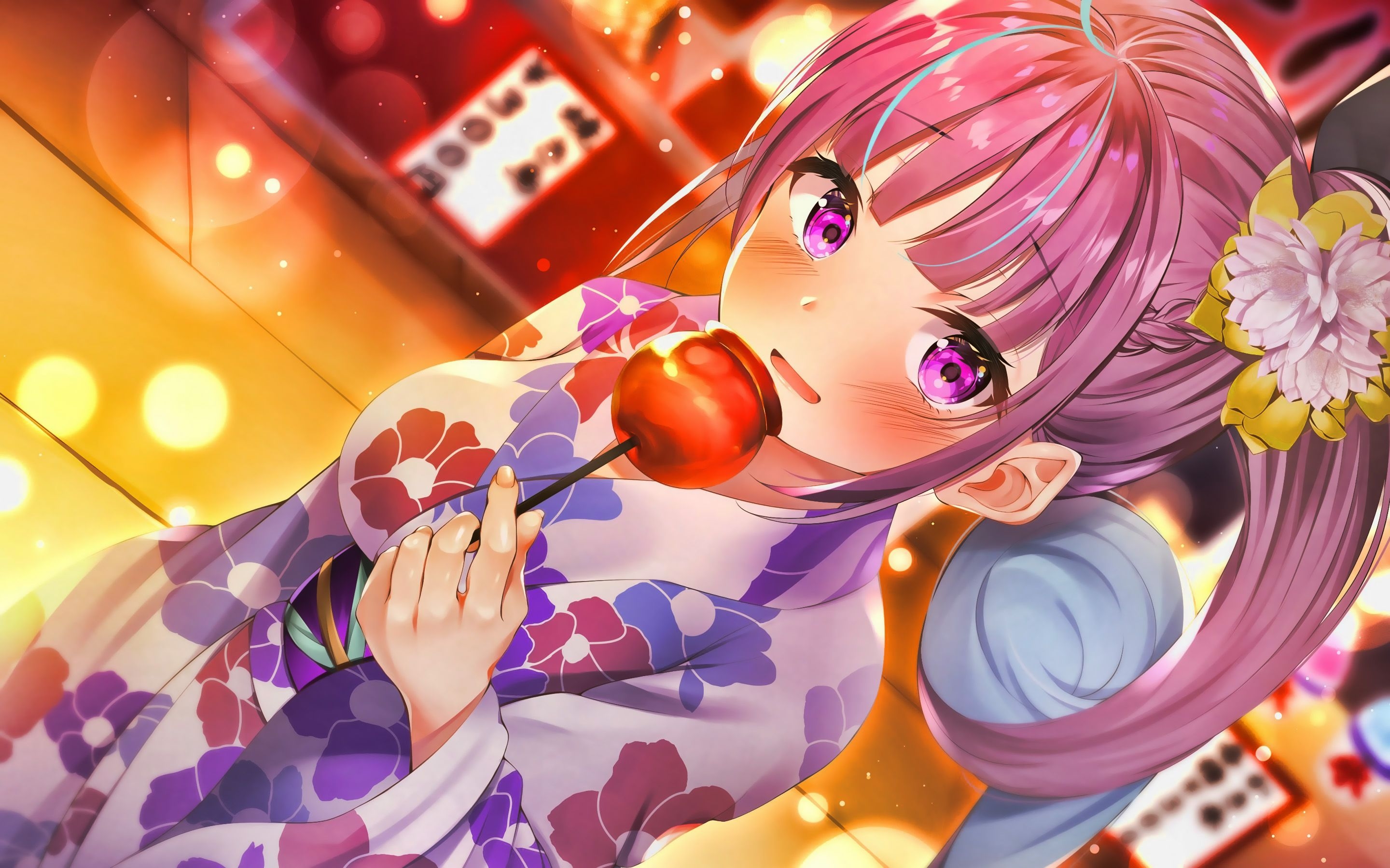 2880x1800 Download wallpaper Minato Aqua, girl with pink hair, kimono, Desktop