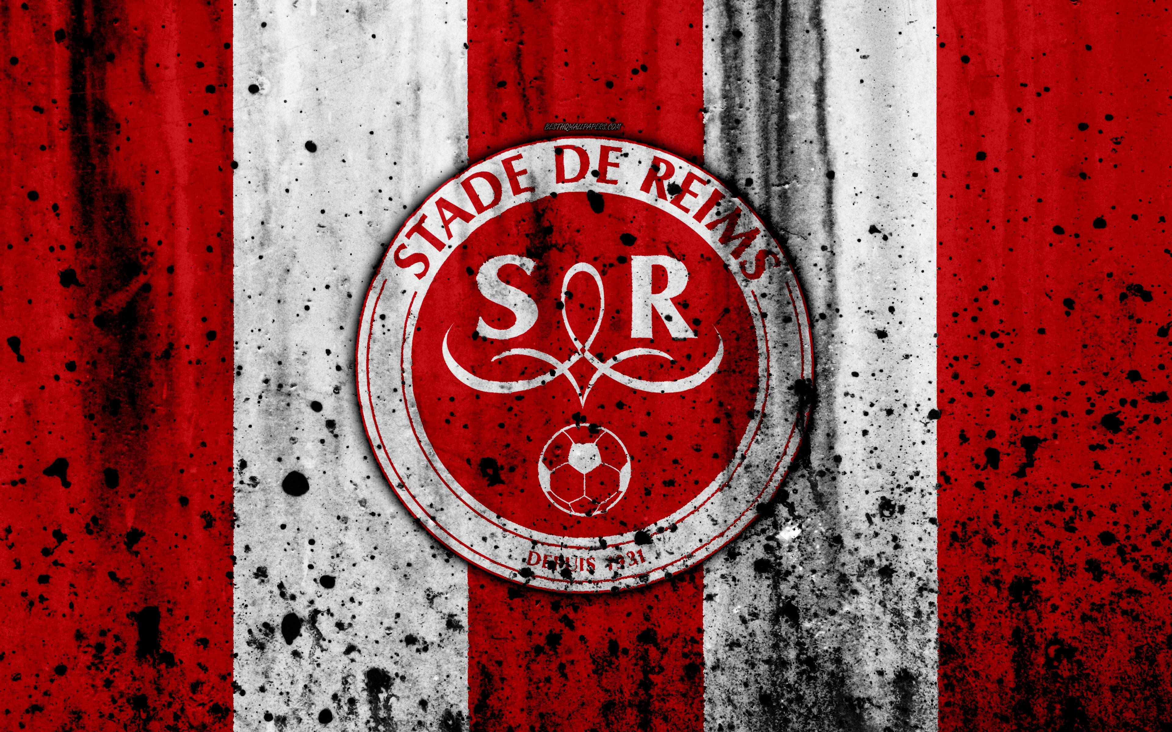 3840x2400 Download wallpaper FC Stade Reims, 4k, logo, Ligue stone texture, Desktop