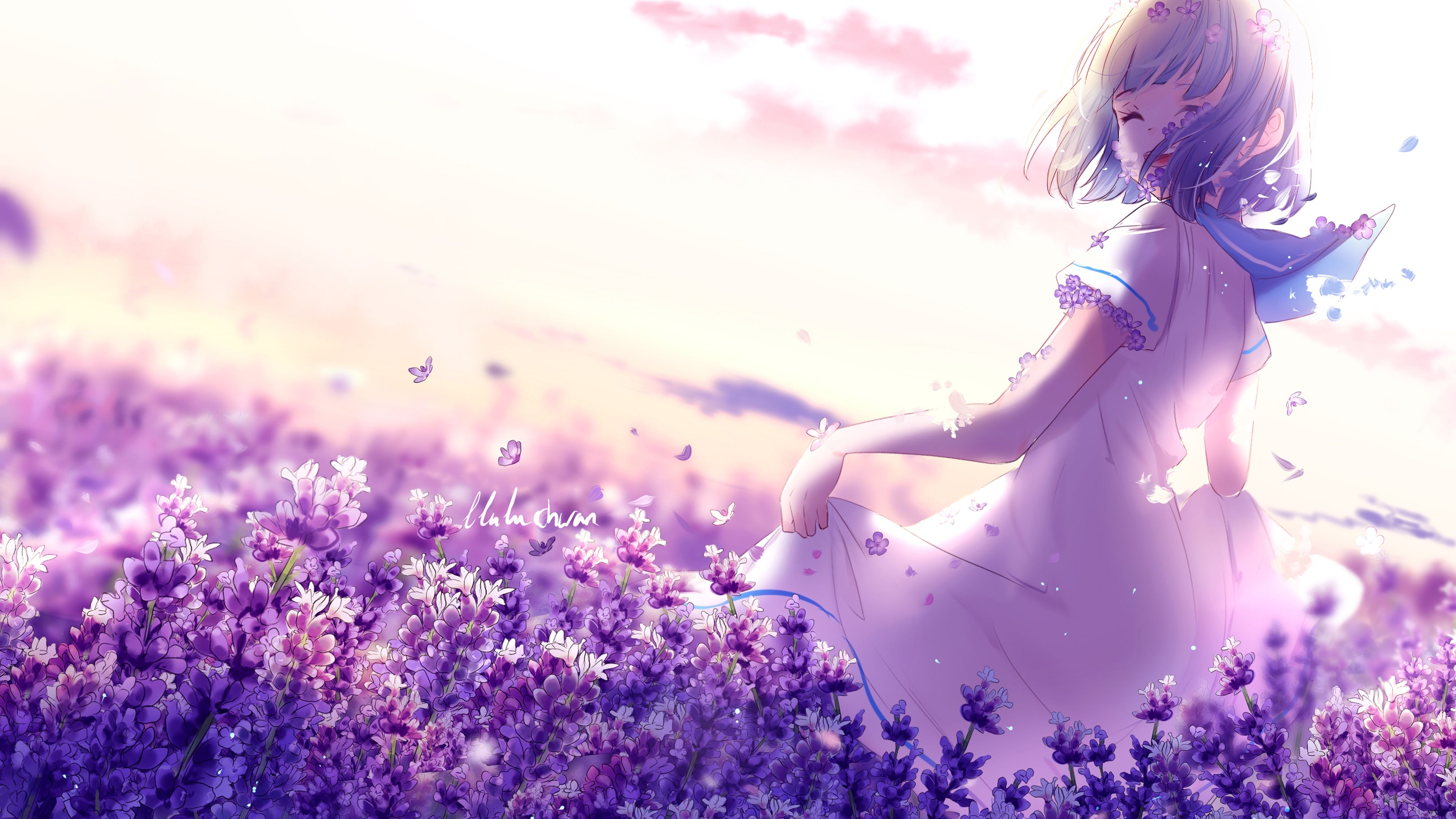 3840x2160 Anime Girl Lavender Purple Flowers 4K Wallpaper. HD Wallpaper, Desktop