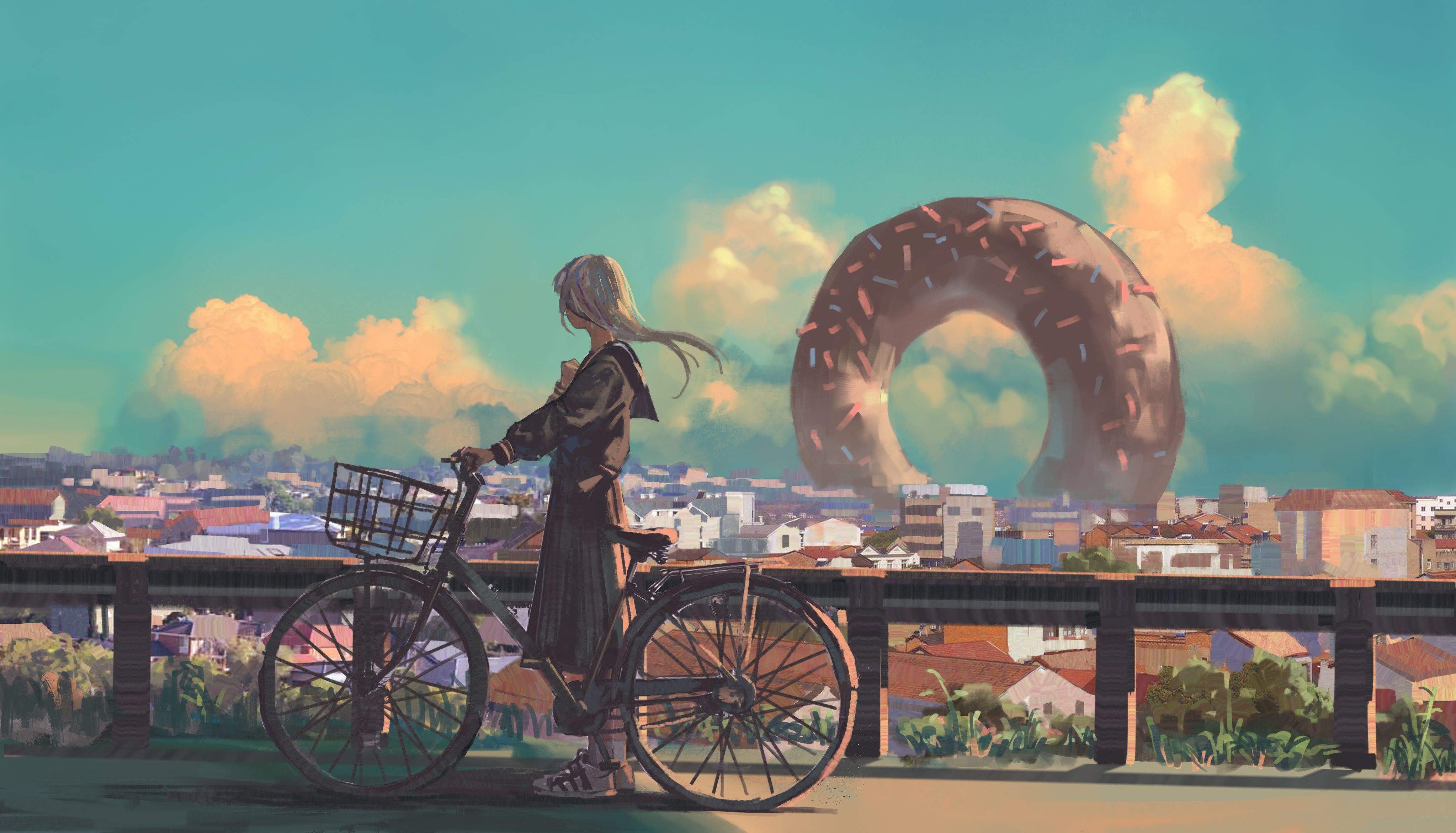 4100x2350 Anime Original Bike City Long Hair Artwork, HD Anime, 4k, Desktop