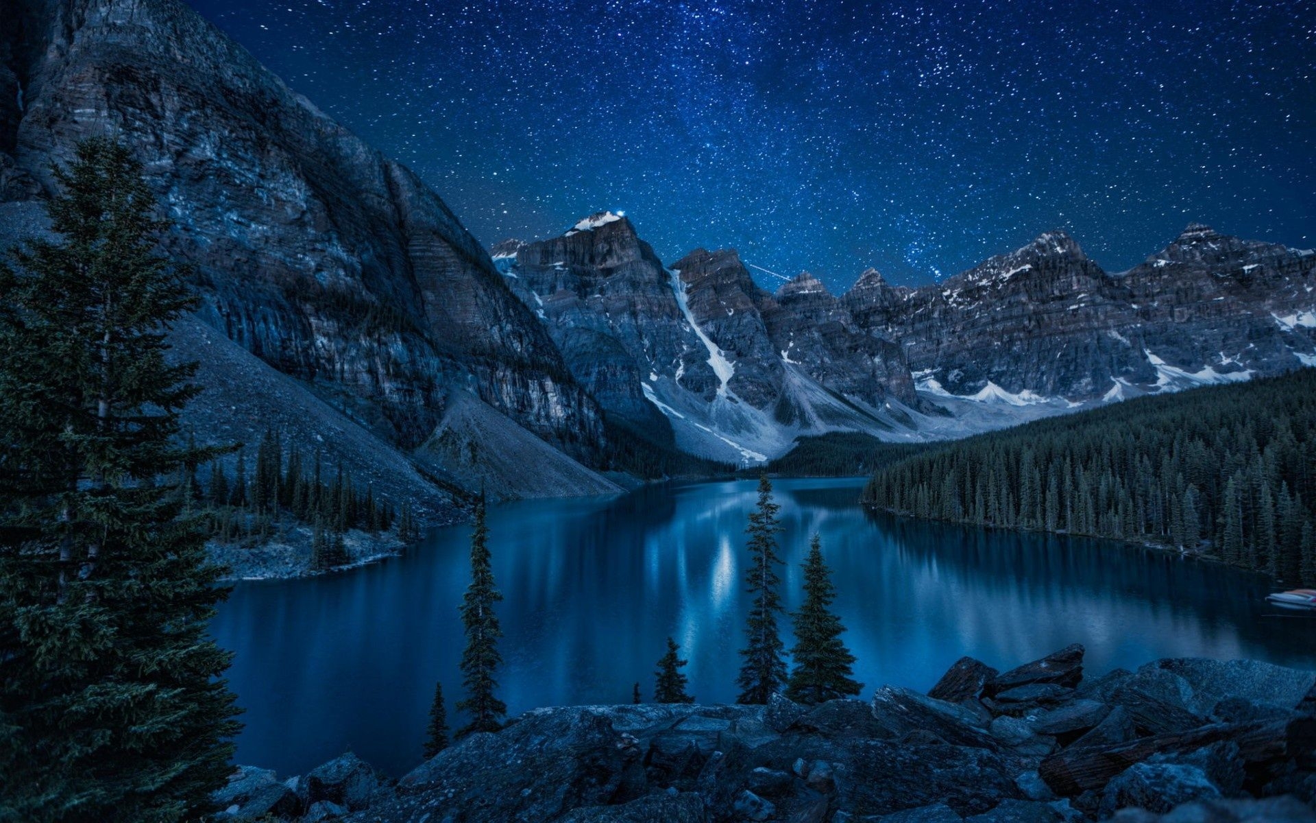 1920x1200 Wallpaper mountains, forest, lake, night, Banff National Park, Moraine, alberta, canada desktop wallpaper Nature GoodWP.com, Desktop