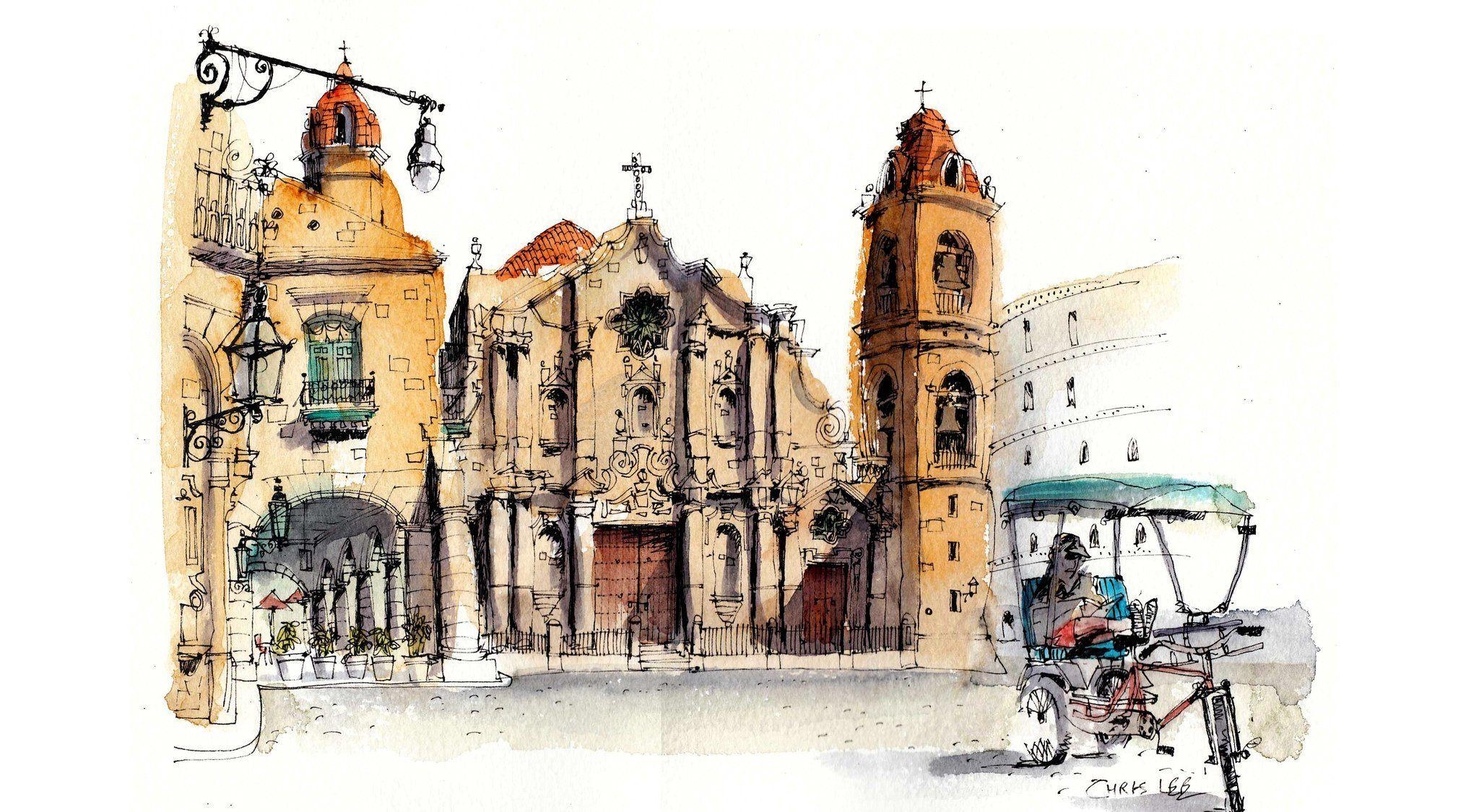 2050x1130 havana cuba cathedral house street picture paint HD wallpaper, Desktop