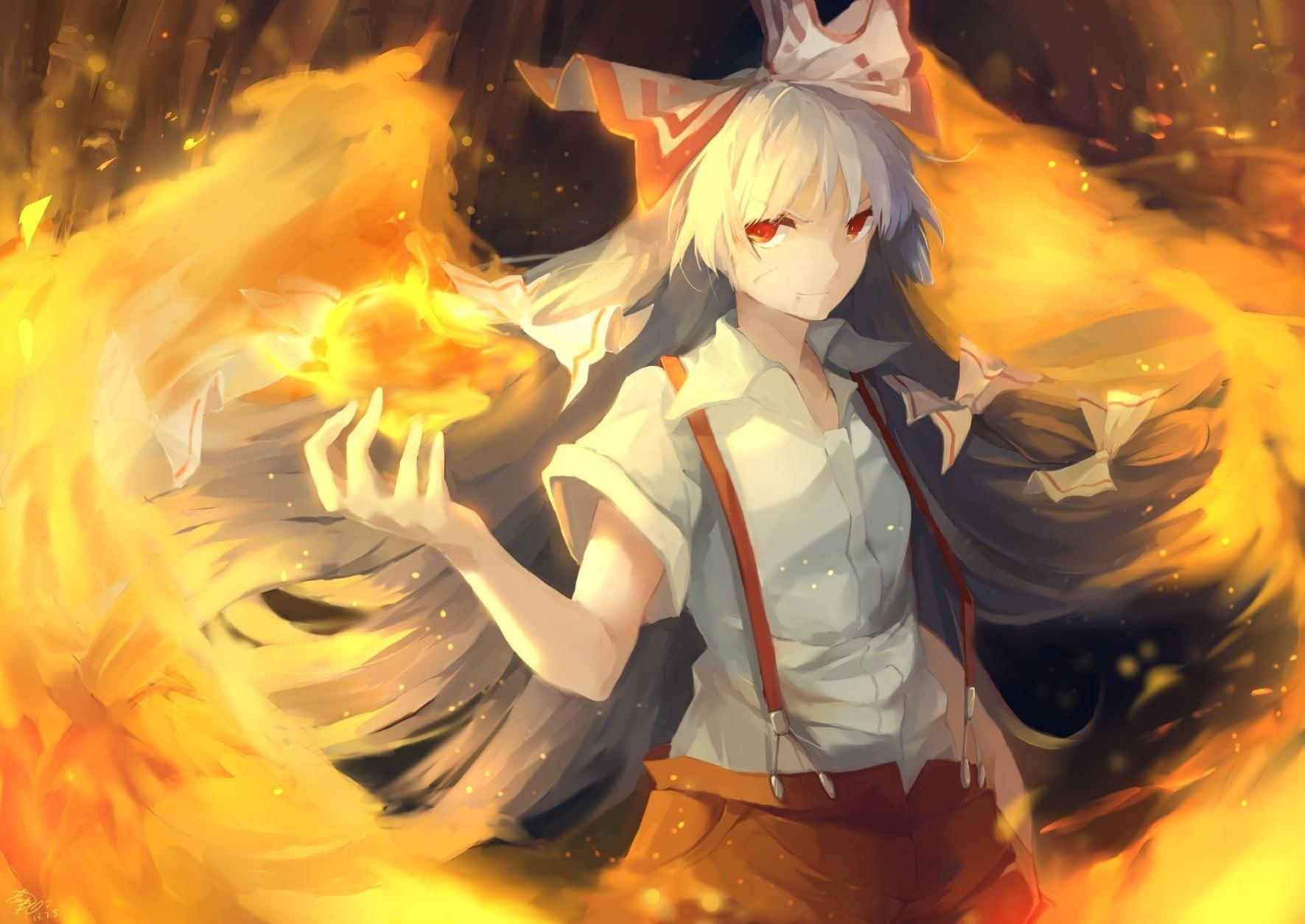 1780x1260 Female anime character with fire magic digital wallpaper, Touhou, Desktop