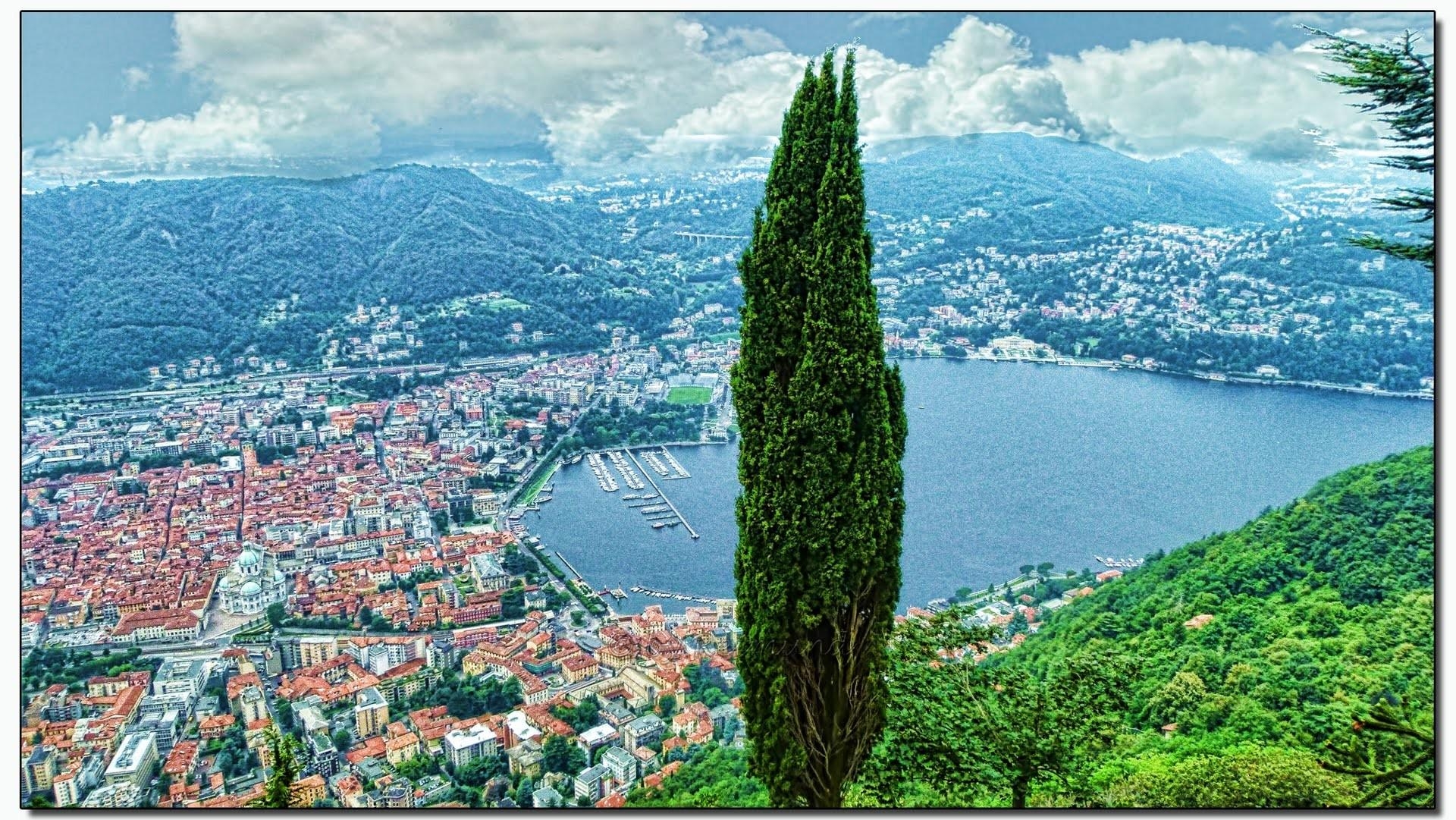 1920x1090 Lakes: Como Lake Italy Town Tree Tahoe Screen Wallpaper for HD 16:9, Desktop