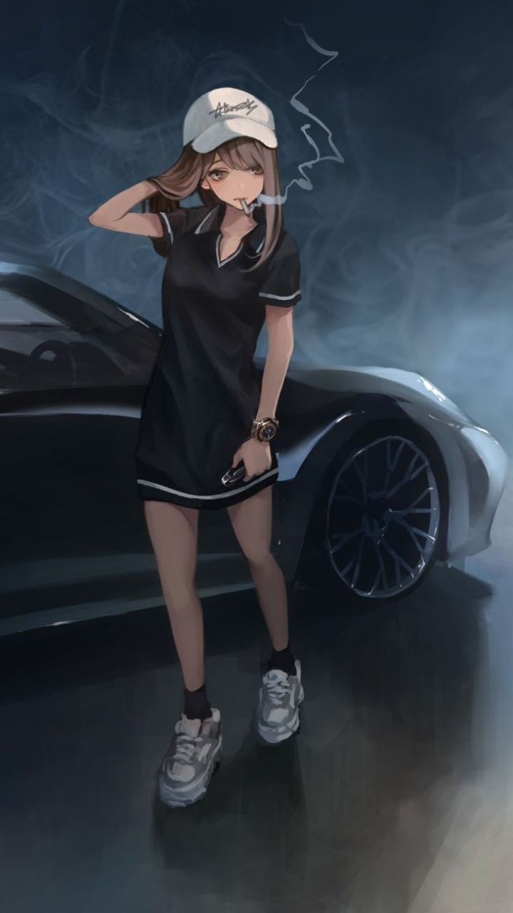 720x1280 Anime girl smoking next to porche by 海凪コウ【KOH】, Phone