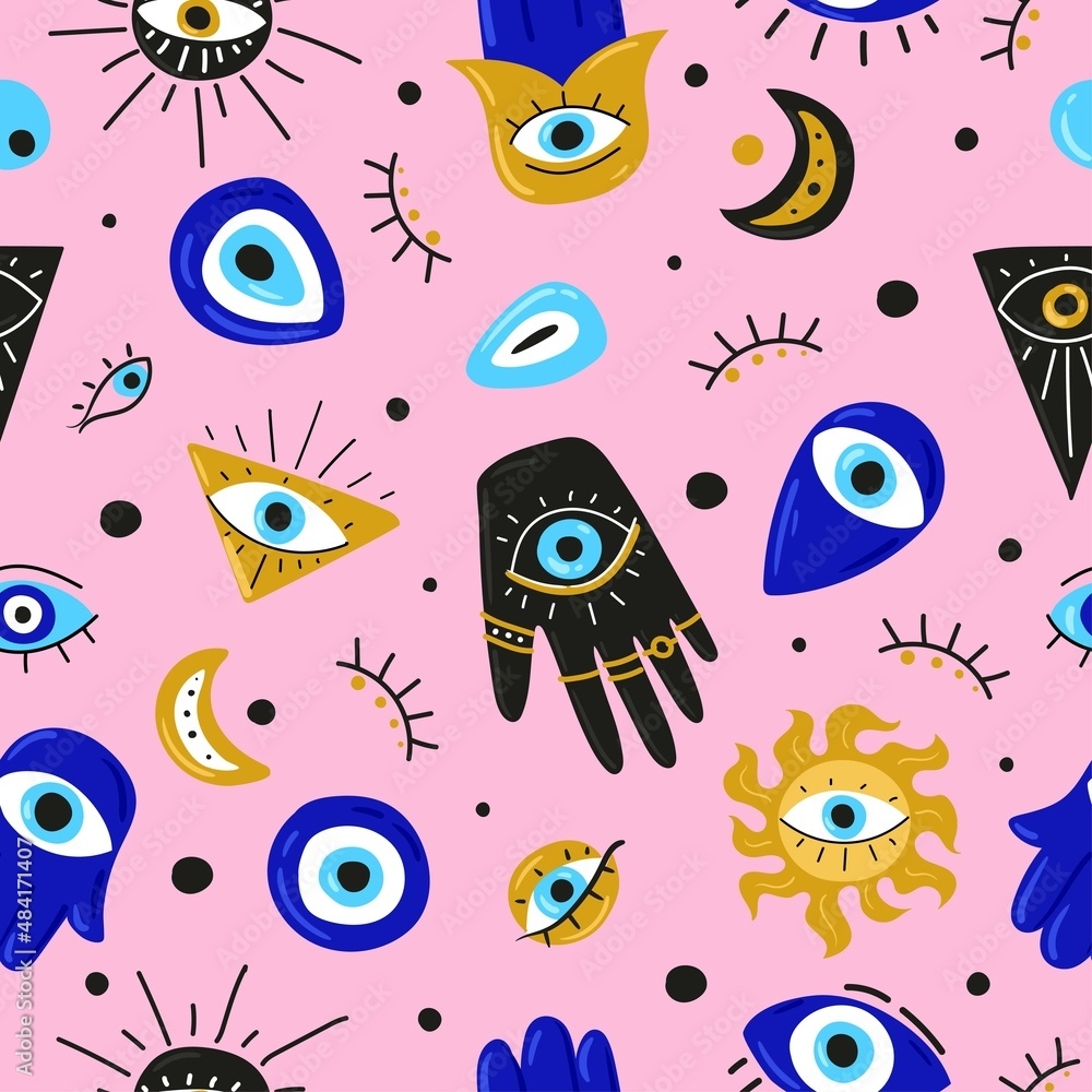 1000x1000 Seamless pattern with Cartoon Evil eyes. Blue Evil eye, Hamsa, Hand of Fatima, Eye of Providence. Vector illustrations of amulets for print, fabric, wallpaper, clothing, wrapping paper. Stock Vector, Phone