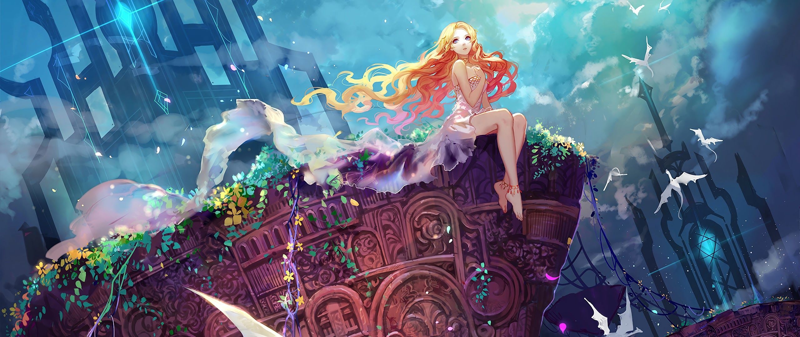 2560x1080 Fantasy Blonde Girl Anime 4K Wallpaper, Dual Screen