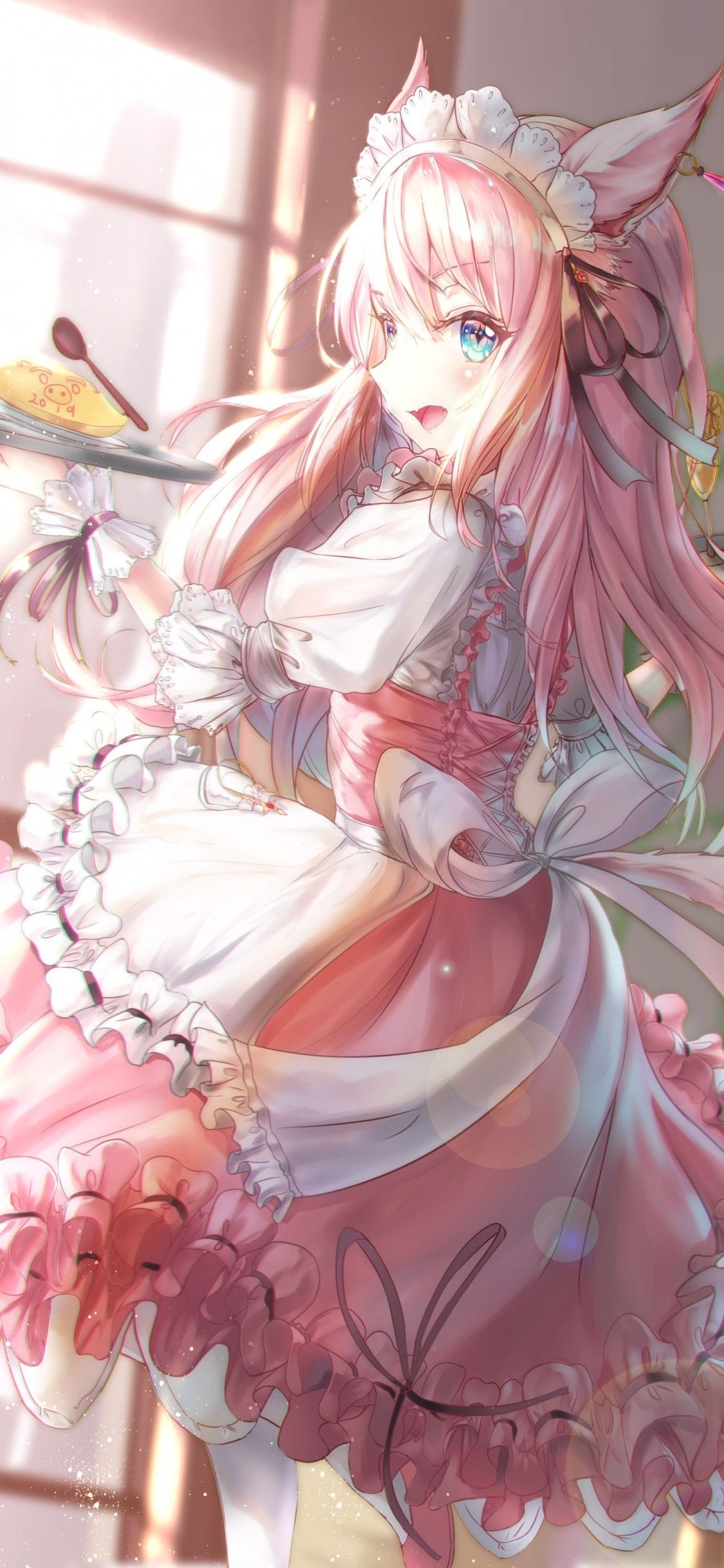 1130x2440 Download  Nekomimi, Anime Girl, Cute, Pink Hair, Mad Dress, Cafe, Dessert, Animal Ears Wallpaper for iPhone X, Phone