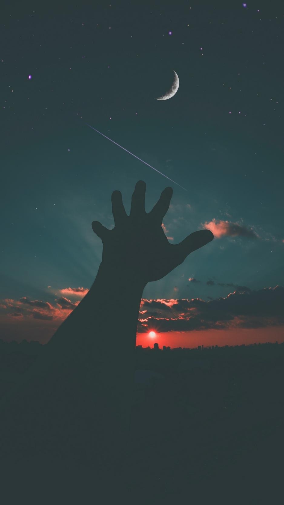 940x1670 Wallpaper Starry Sky, Hand, Night, Sky, Moon, HD, Phone