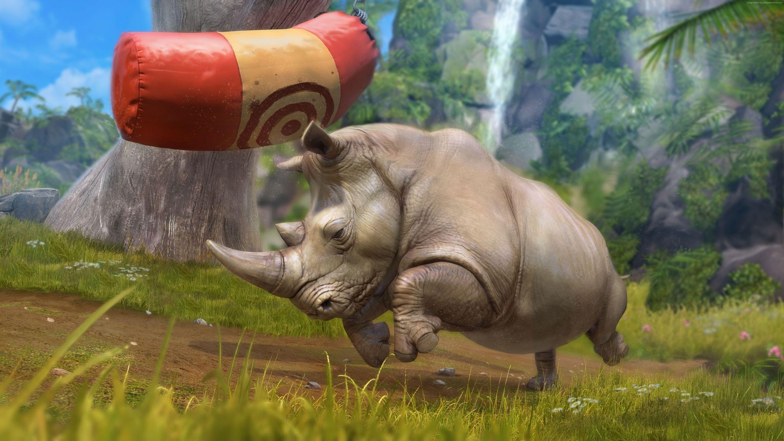 2560x1440 5k Rhino, green grass, nature, waterfall, grey, zoo tycoon, animal, Desktop