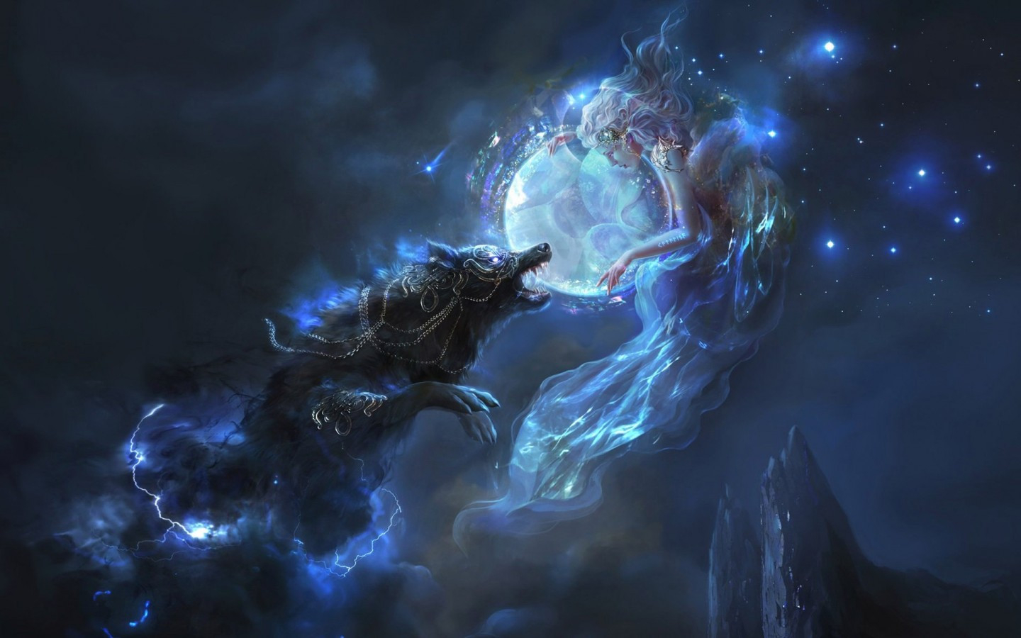 1440x900 Download  Fantasy Girl, Wolf, Lights, Stars, Magic Wallpaper for MacBook Pro 15 inch, MacBook Air 13 inch, Desktop