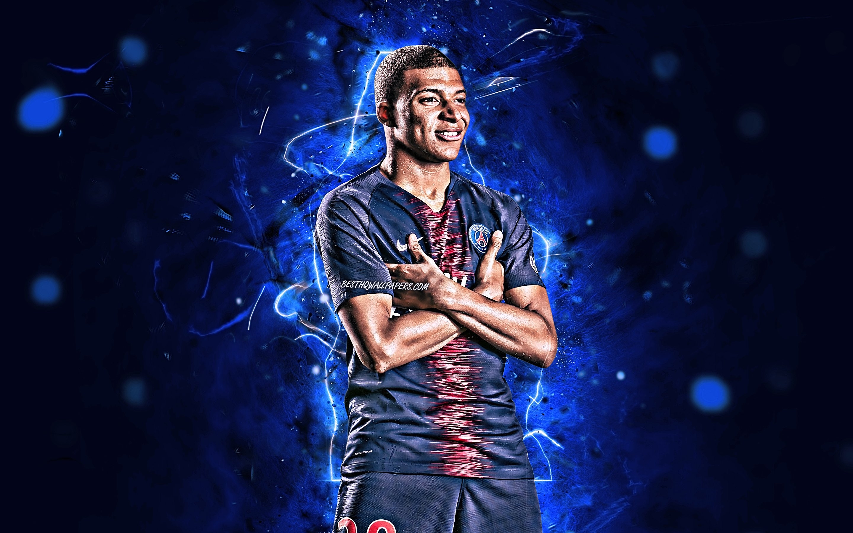 2880x1800 Download Wallpaper Kylian Mbappe, Goal, French Footballers, PSG, Personal Celebration, Ligue Paris Saint Germain, Mbappe, Football Stars, Neon Lights, Soccer For Desktop With Resolution. High Quality HD Picture Wallpaper, Desktop