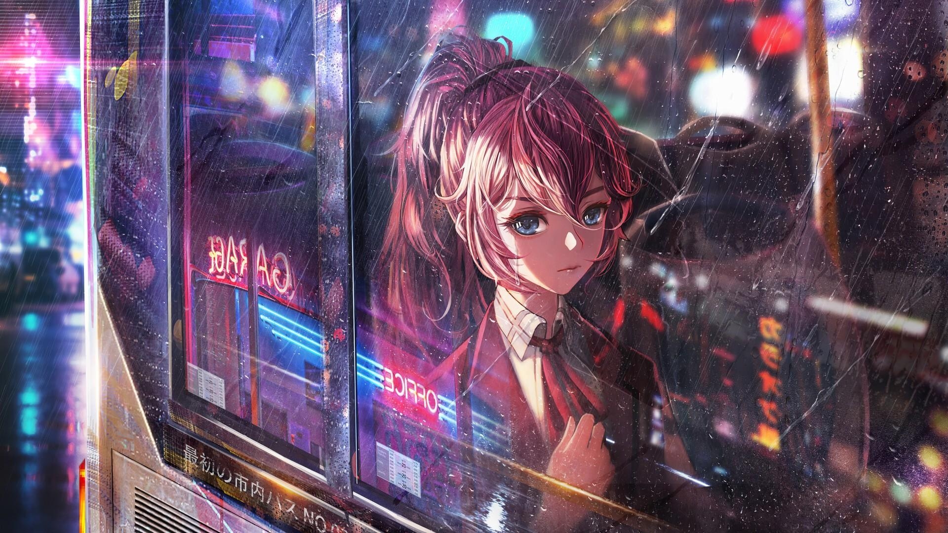 1920x1080 Anime Girl Bus Window Neon City 4k Laptop Full HD 1080P, Desktop