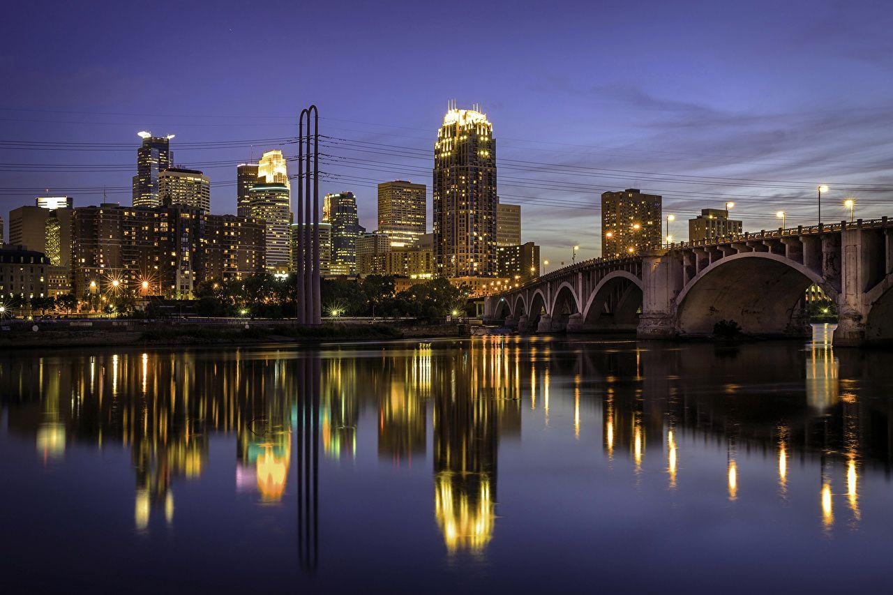 1280x860 Wallpaper USA Minneapolis Bridges Night Rivers Street lights Cities, Desktop