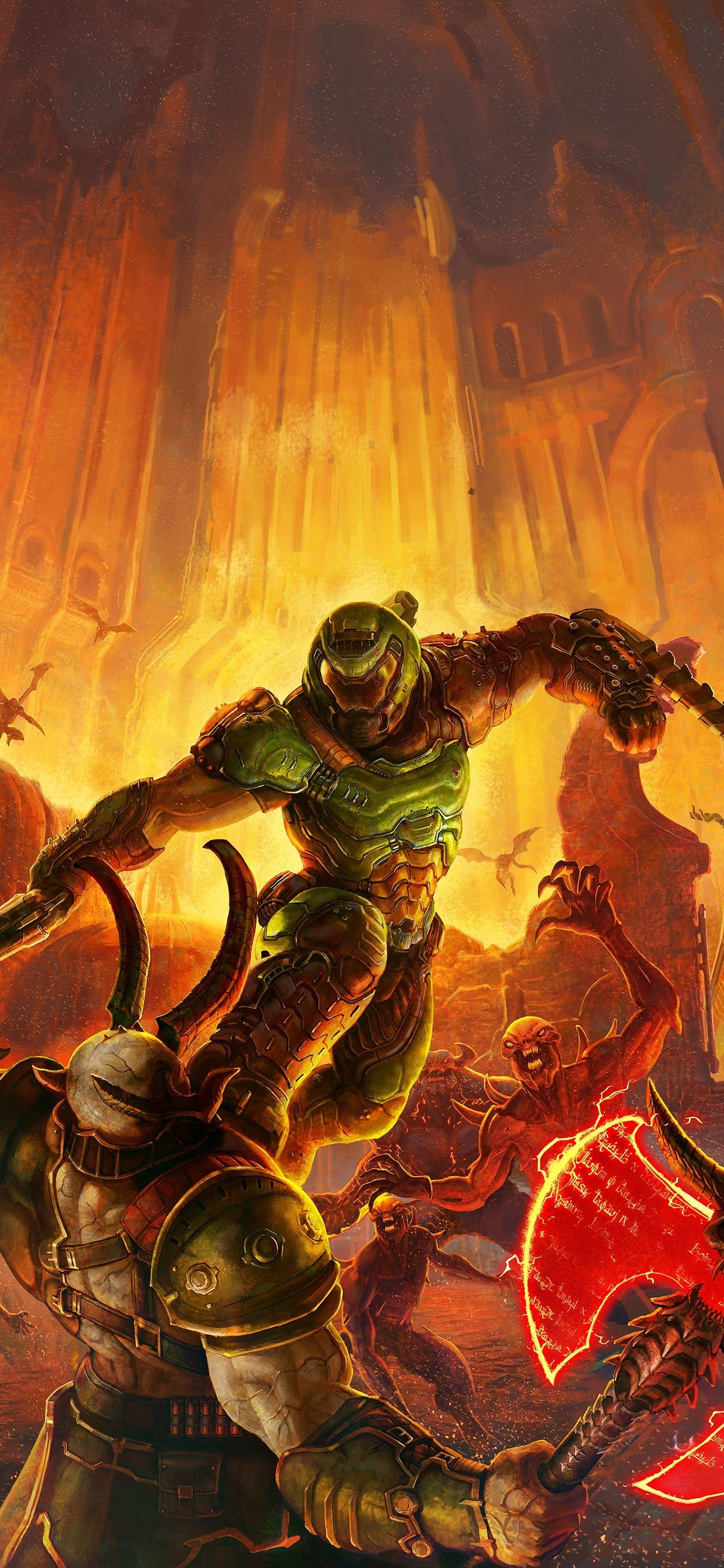 1250x2690 Doom Eternal Doomguy Fighting Monsters Hell 8K Wallpaper, Phone