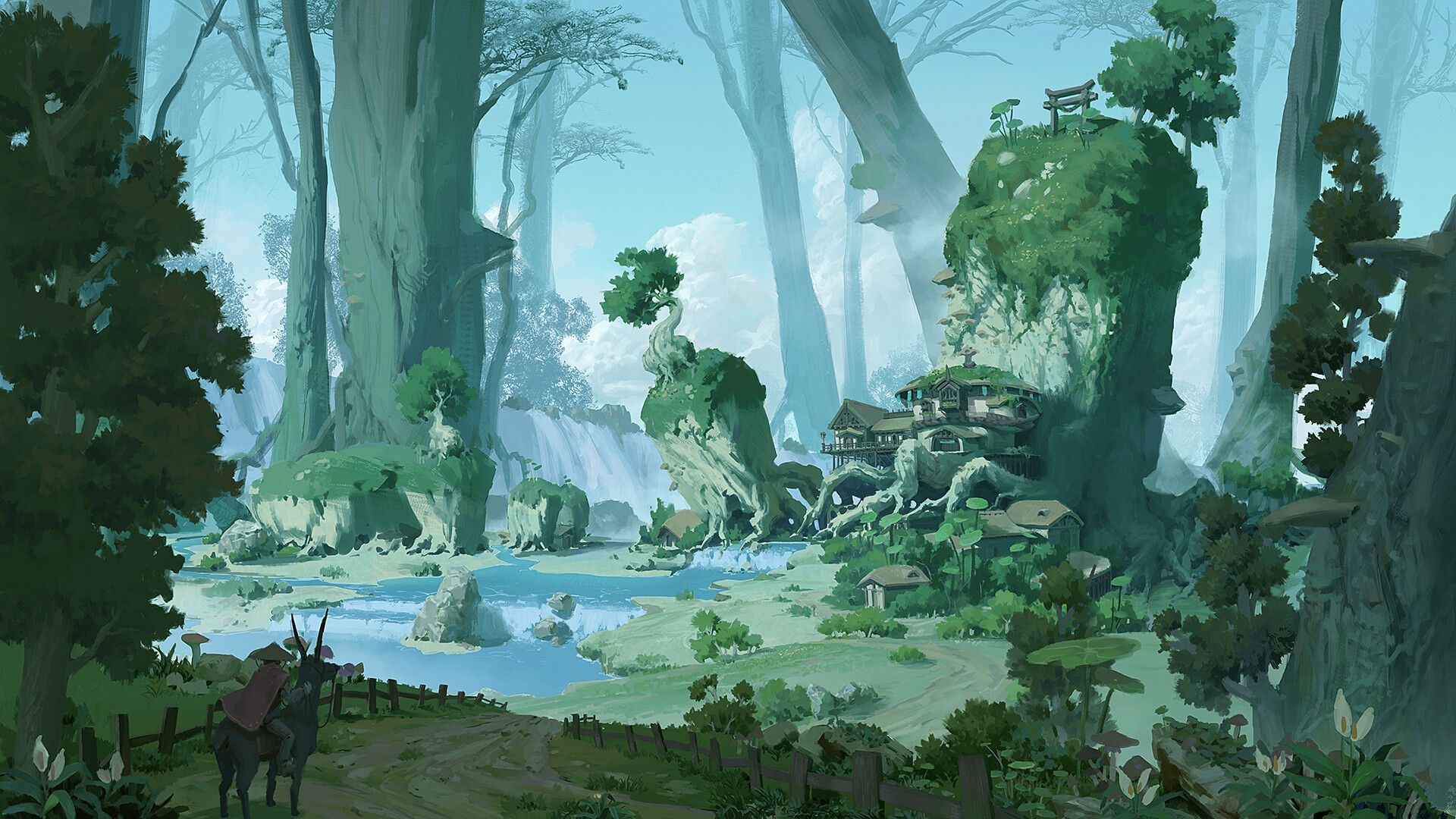 1920x1080 Wallpaper, Pixel Cat, fantasy art, digital art, river, forest, fence, village, waterfall, mushroom, Desktop