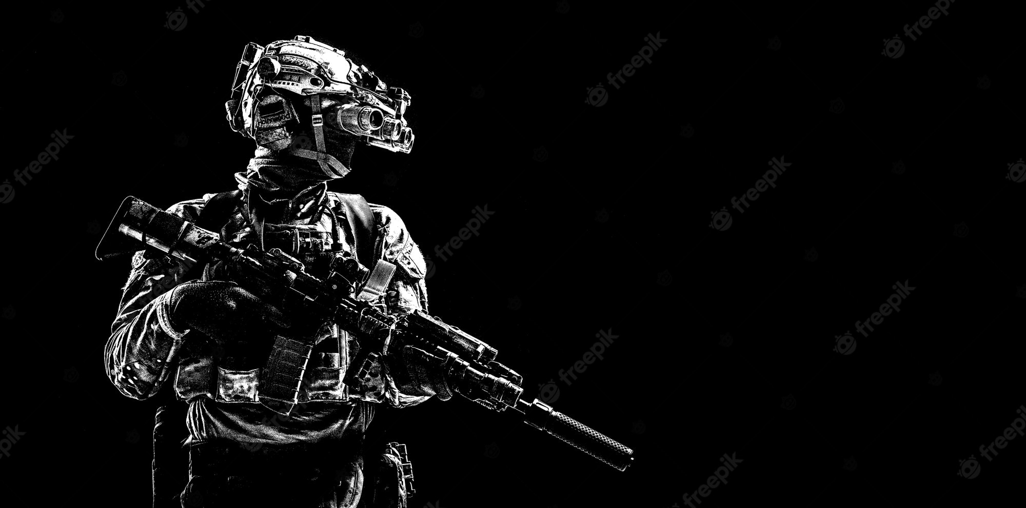 2000x1000 Premium Photo. Modern army special forces equipped soldier, anti terrorist squad fighter, elite mercenary armed assault rifle, standing in darkness with night vision goggles on helmet, studio portrait, copyspace, Dual Screen