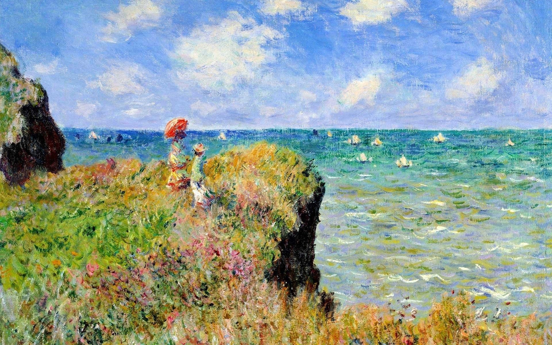 1920x1200 Claude Monet, Painting, Sea, Cliff, France, Parasol, Classic art, Desktop