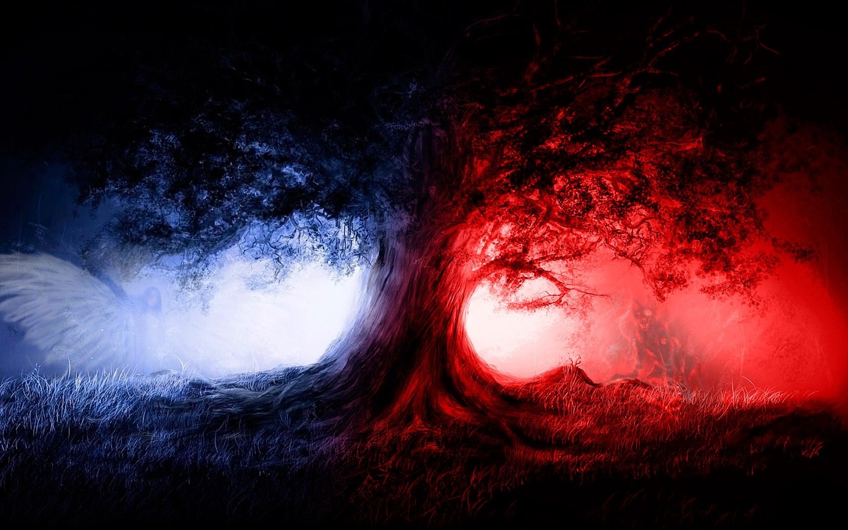 1680x1050 wolves, angel, Red and Blue wallpaper, Desktop