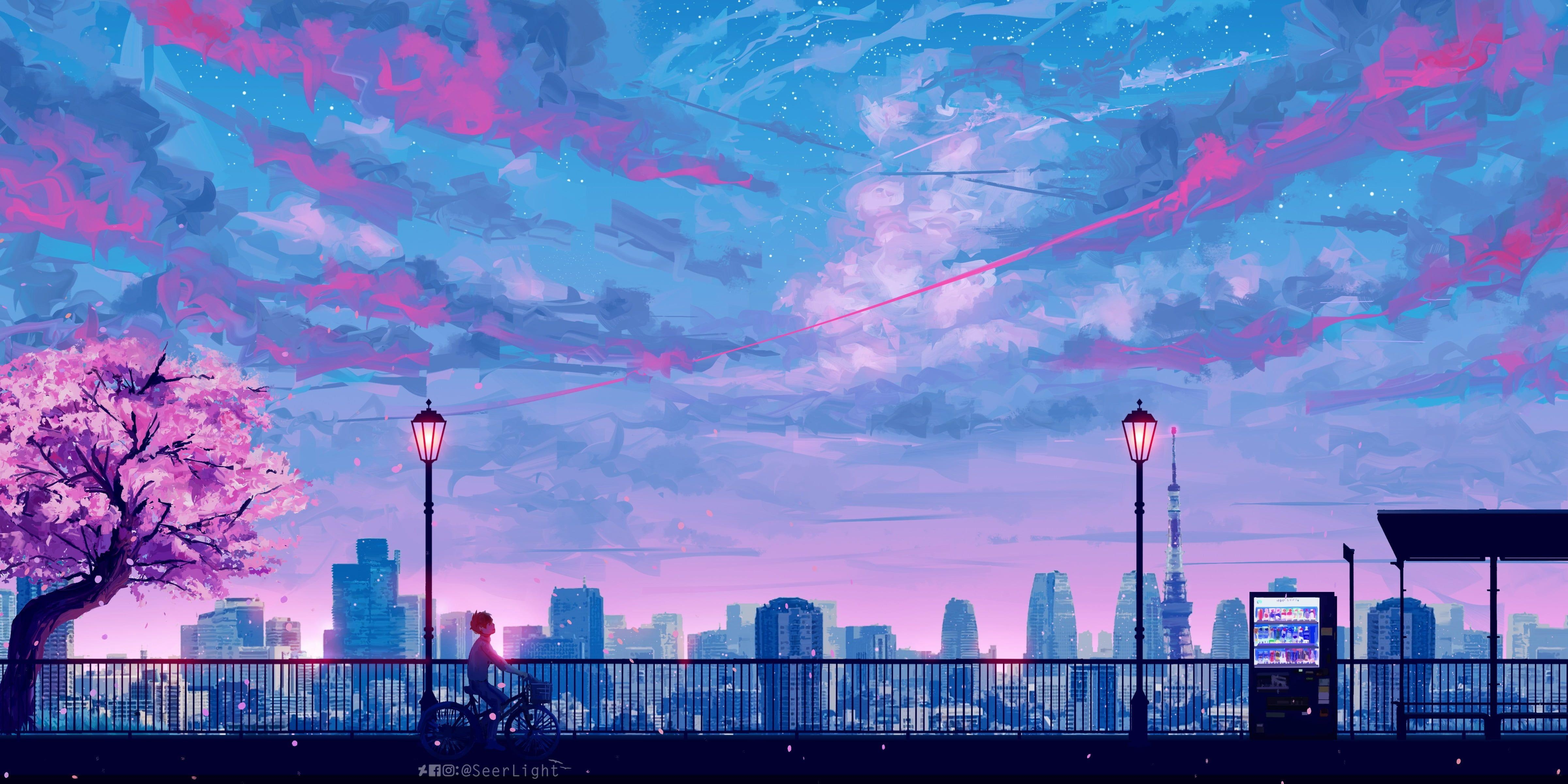 4800x2400 silhouette of steel ridge wallpaper, blue and pink sky painting, Dual Screen