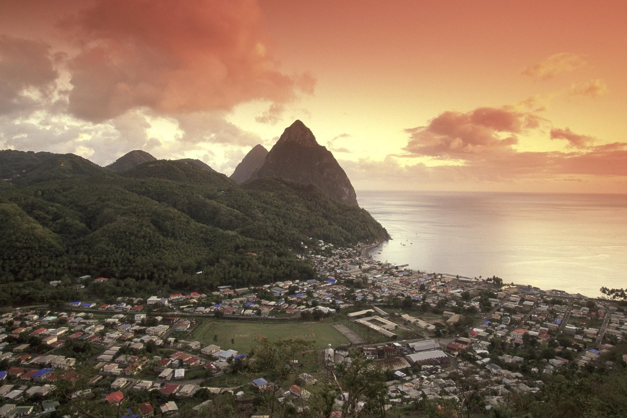 2000x1340 Download Sunset View of the Pitons and Soufriere, St. Lucia, Desktop