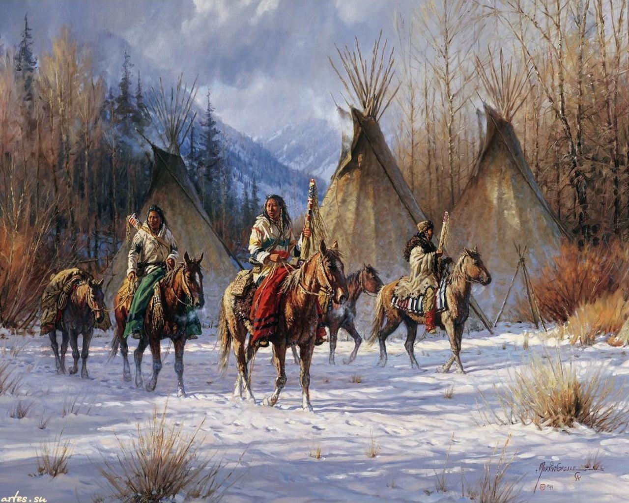 1280x1030 Native American Indian men riding horses painting HD wallpaper, Desktop