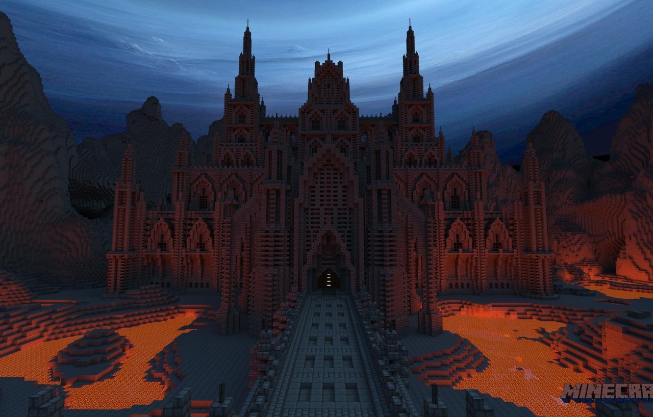 1340x850 Wallpaper road, the sky, mountains, night, blocks, lava, Palace, Minecraft image for desktop, section игры, Desktop