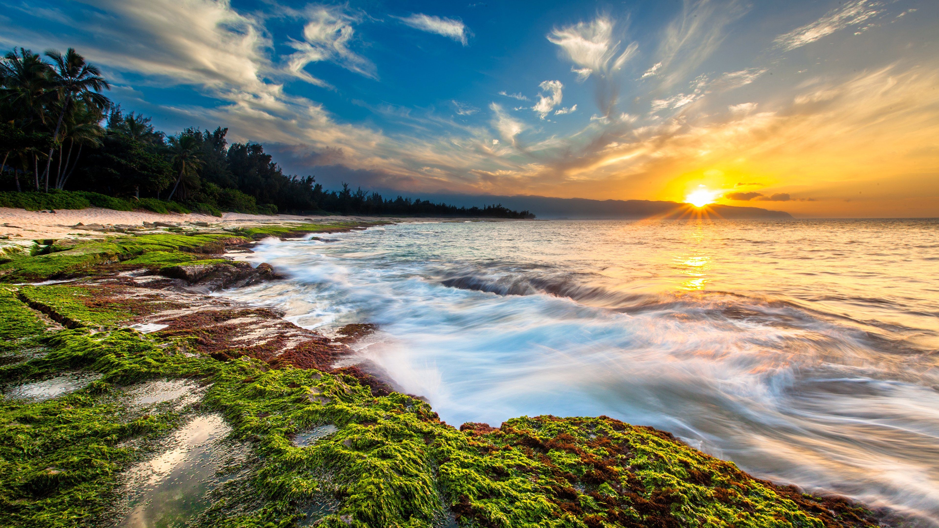 3840x2160 Hawaii Sunset Ocean Beach Waves Cl 4K wallpaper, Desktop