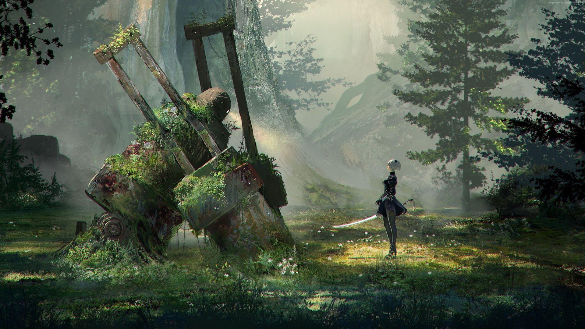 1920x1080 2B standing in front of a wreck Wallpaper from Nier: Automata, Desktop