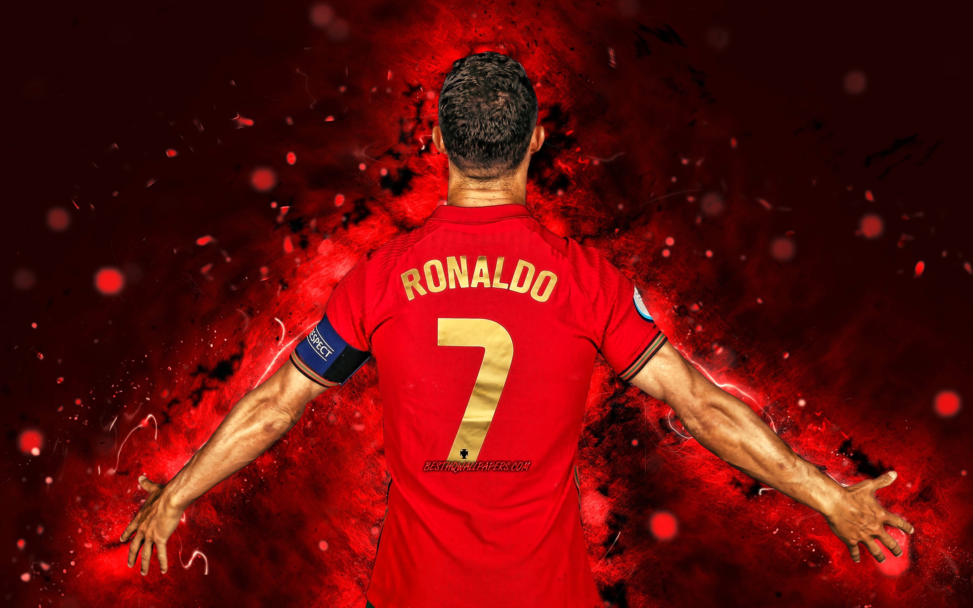 3840x2400 Download wallpaper 4k, Cristiano Ronaldo, back view, Portugal National Team, football stars, joy, footballers, Cristiano Ronaldo dos Santos Aveiro, soccer, red neon lights, Portuguese football team, CR Cristiano Ronaldo 4K for, Desktop