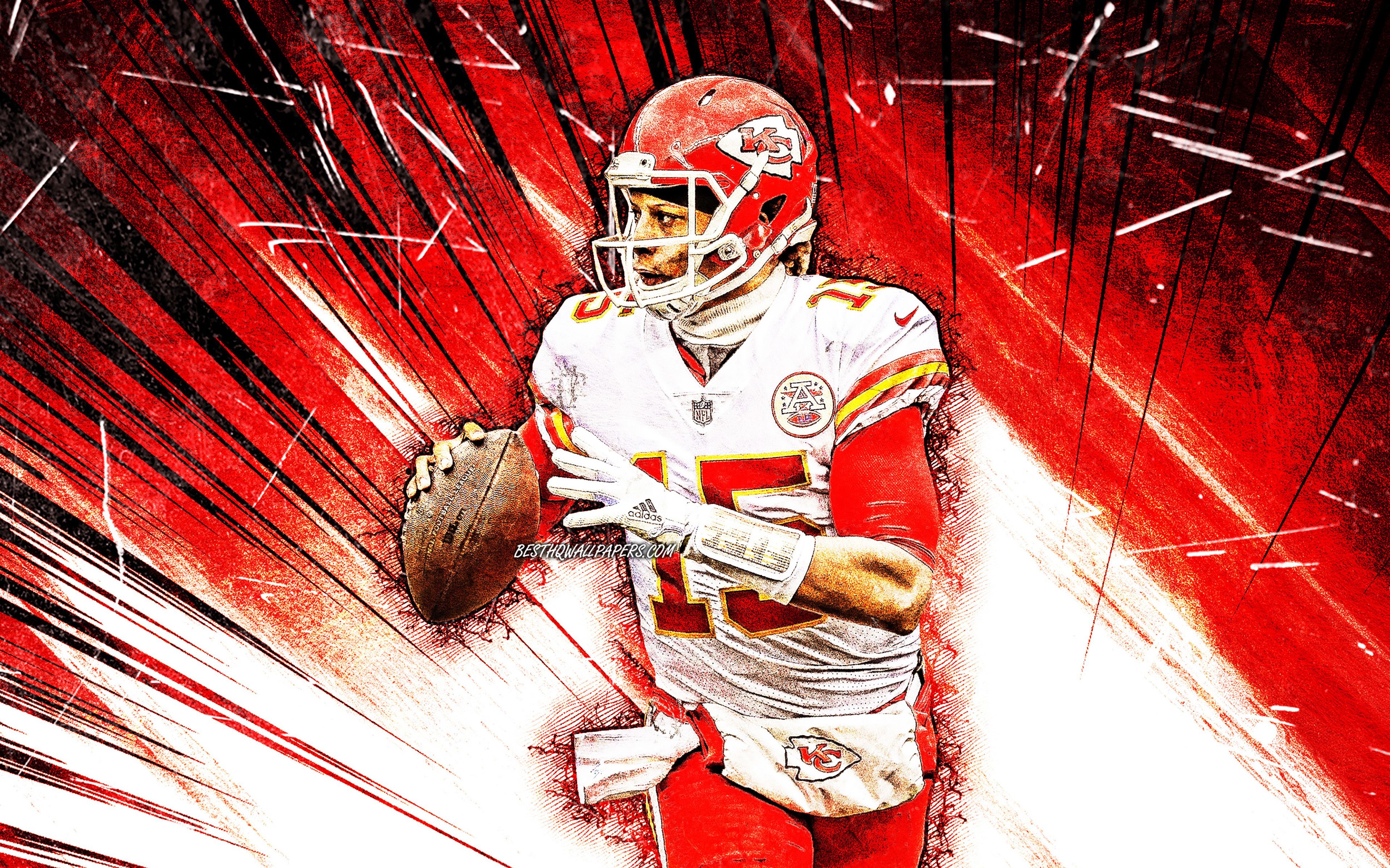 3840x2400 Download wallpaper 4k, Patrick Mahomes, grunge art, quarterback, Kansas City Chiefs, american football, NFL, Patrick Lavon Mahomes II, National Football League, red astract rays, KC Chiefs, Patrick Mahomes KC Chiefs for desktop, Desktop