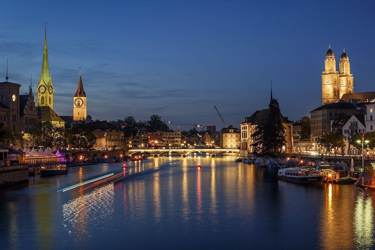 1280x860 Wallpaper Zurich Switzerland Bridges Sky Night Rivers Marinas, Desktop