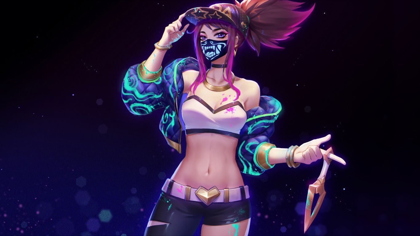 1370x770 Download Hot girl, Akali, video game, artwork, League of Legends, Desktop