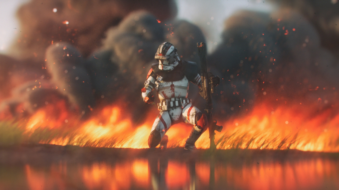 1370x770 Download clone trooper, star wars, fire  wallpaper, tablet, laptop,  HD image, background, 18918, Desktop