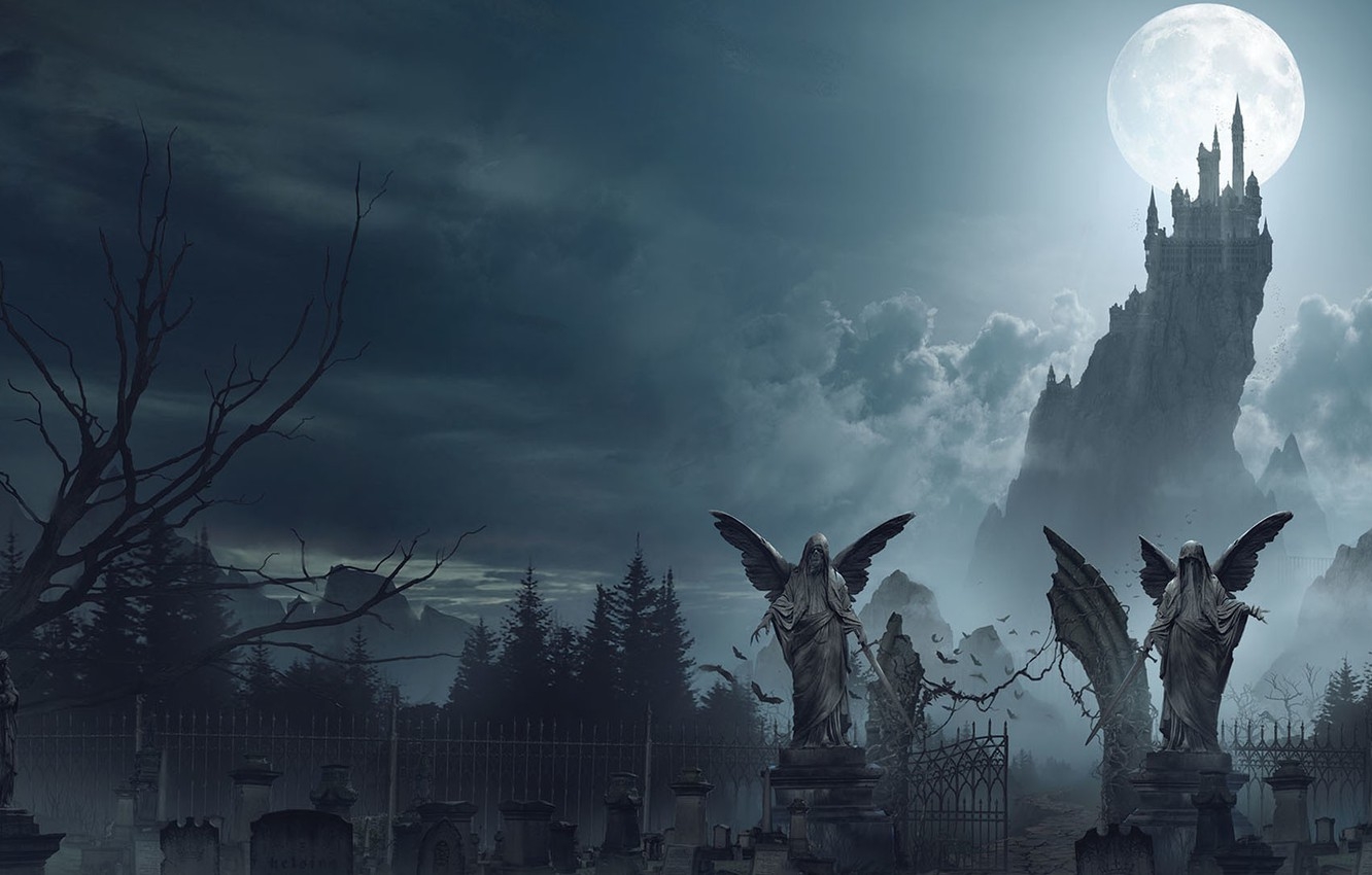 1340x850 Wallpaper the moon, cemetery, Dracula's castle, Dracula Castle, Ian Llanas image for desktop, section фантастика, Desktop