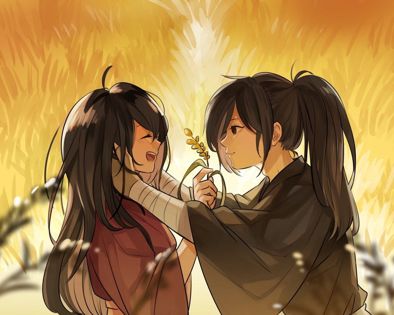 1280x1030 Download  Hyakkimaru X Mio, Romance, Dororo, Couple, Smiling, Japanese Clothes Wallpaper, Desktop