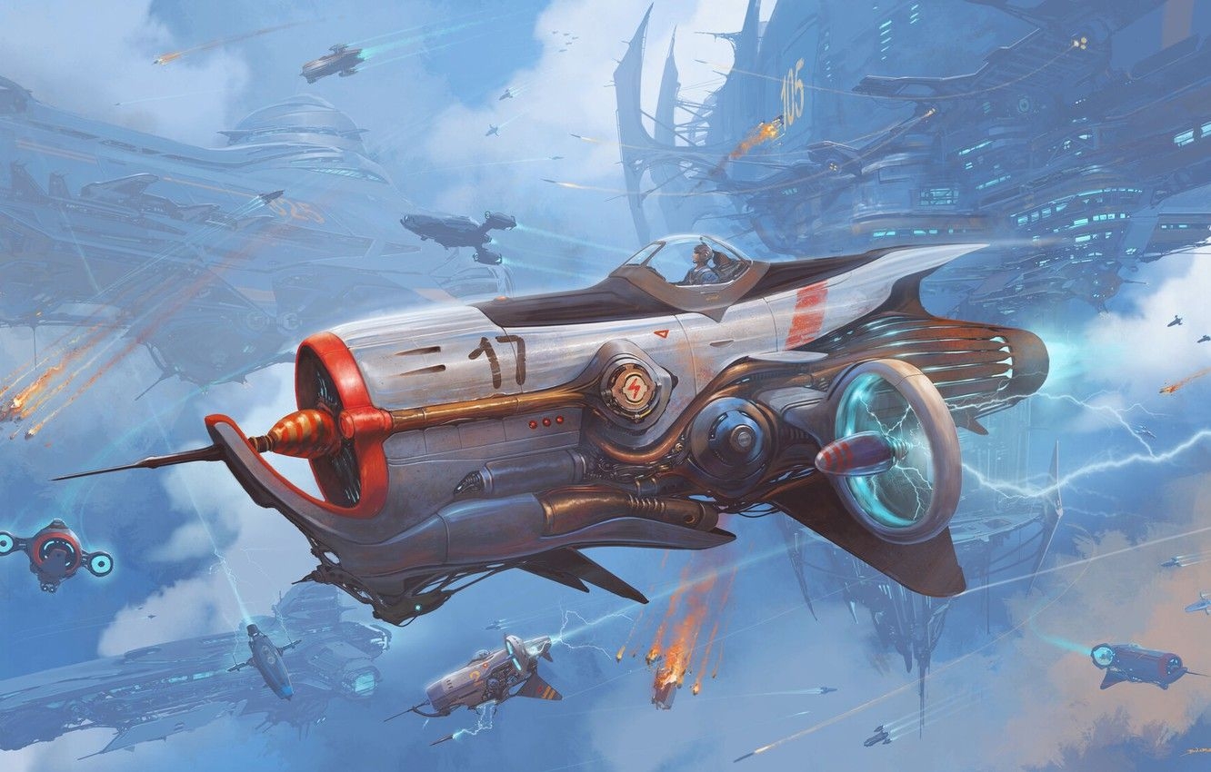 1340x850 Wallpaper The sky, Figure, Machine, Battle, World, Fantasy, Art, Art, Fiction, Diesel, Diesel, Battle, Fly, Drawing, Dieselpunk, Alejandro Burdisio image for desktop, section фантастика, Desktop