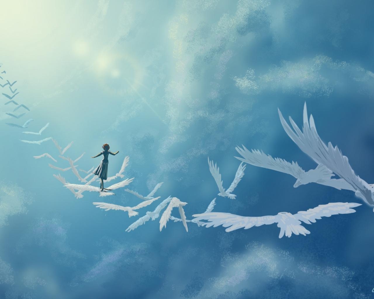 1280x1030 Birds Woman Blue Sky Freedom desktop PC and Mac wallpaper, Desktop