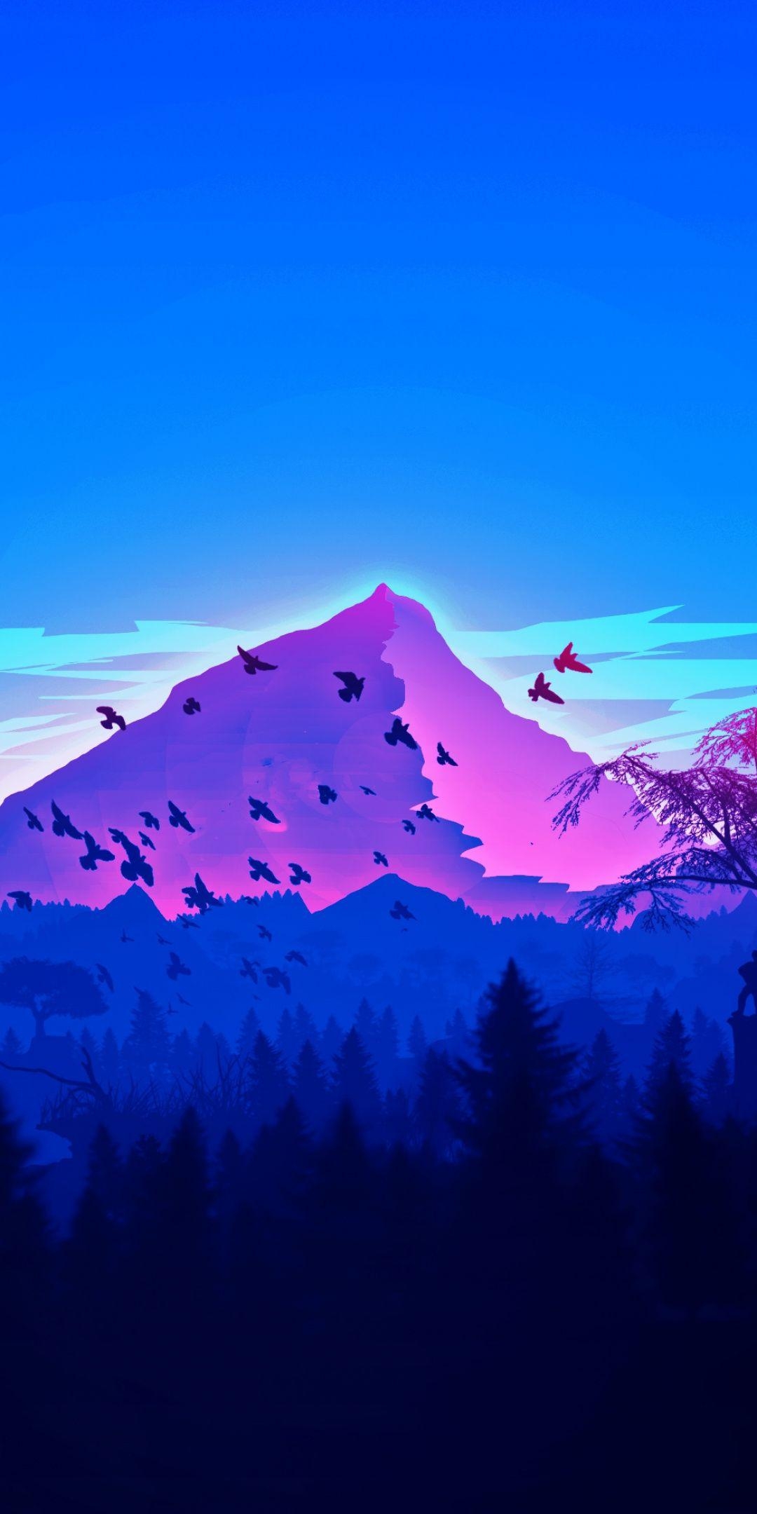 1080x2160 Mountain, peaks, birds, horizon, digital art,  wallpaper, Phone