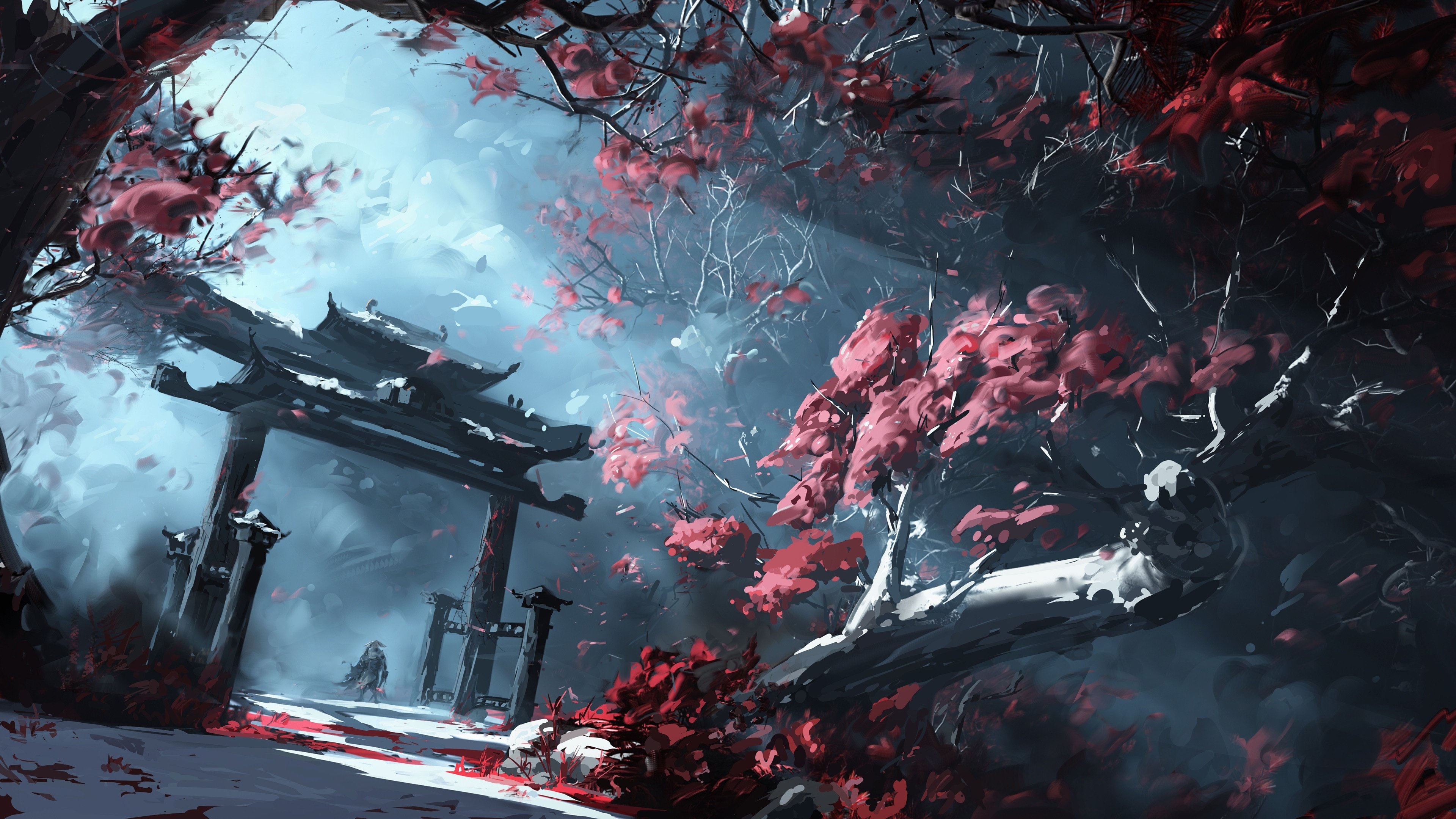 3840x2160 japanese, shrine gate, trees, digital art, 4k Gallery HD Wallpaper, Desktop