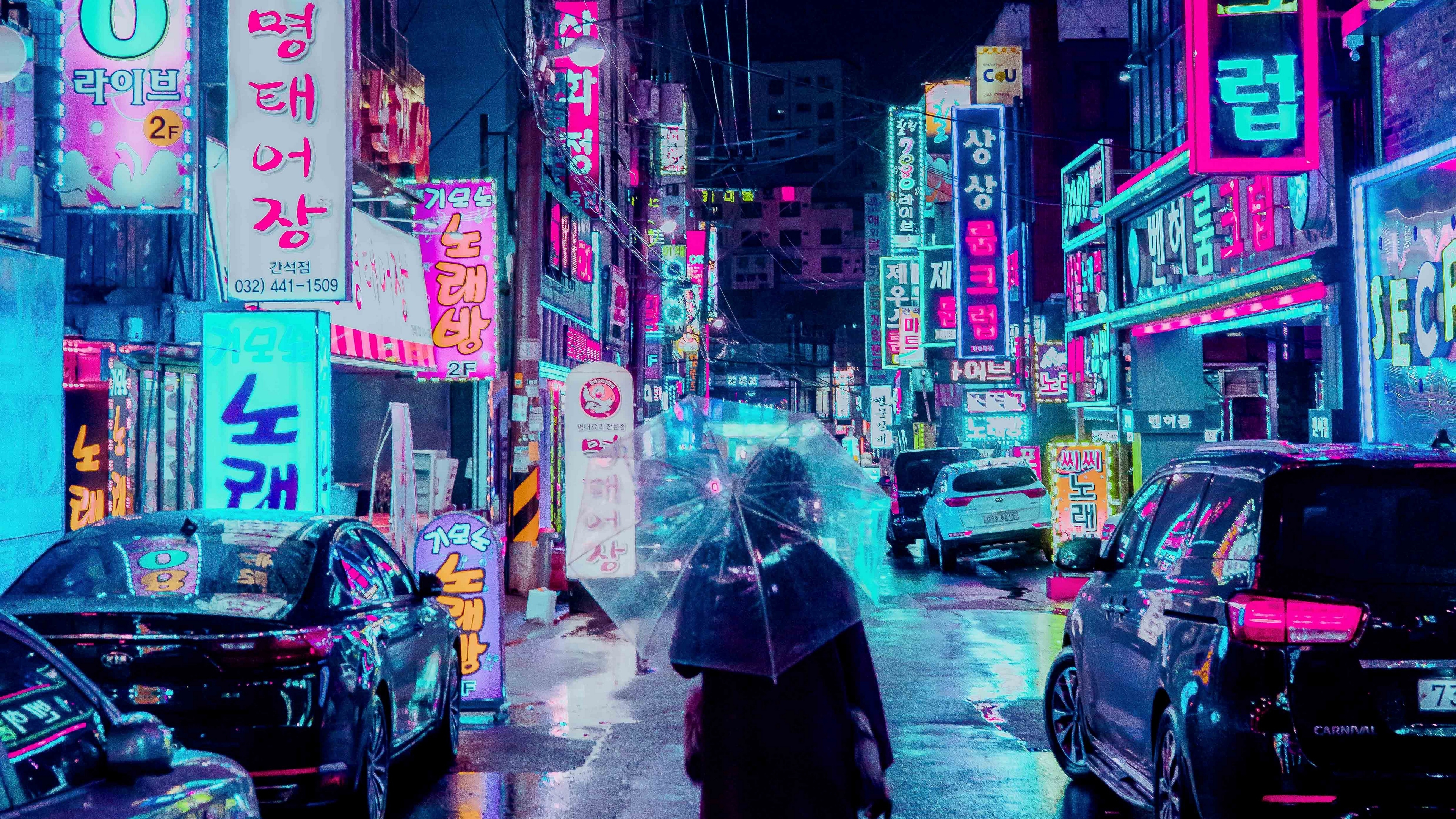 3840x2160 Wallpaper 4k night city, street, umbrella, man, signboards, lighting, neon 4k Wallpaper, Desktop