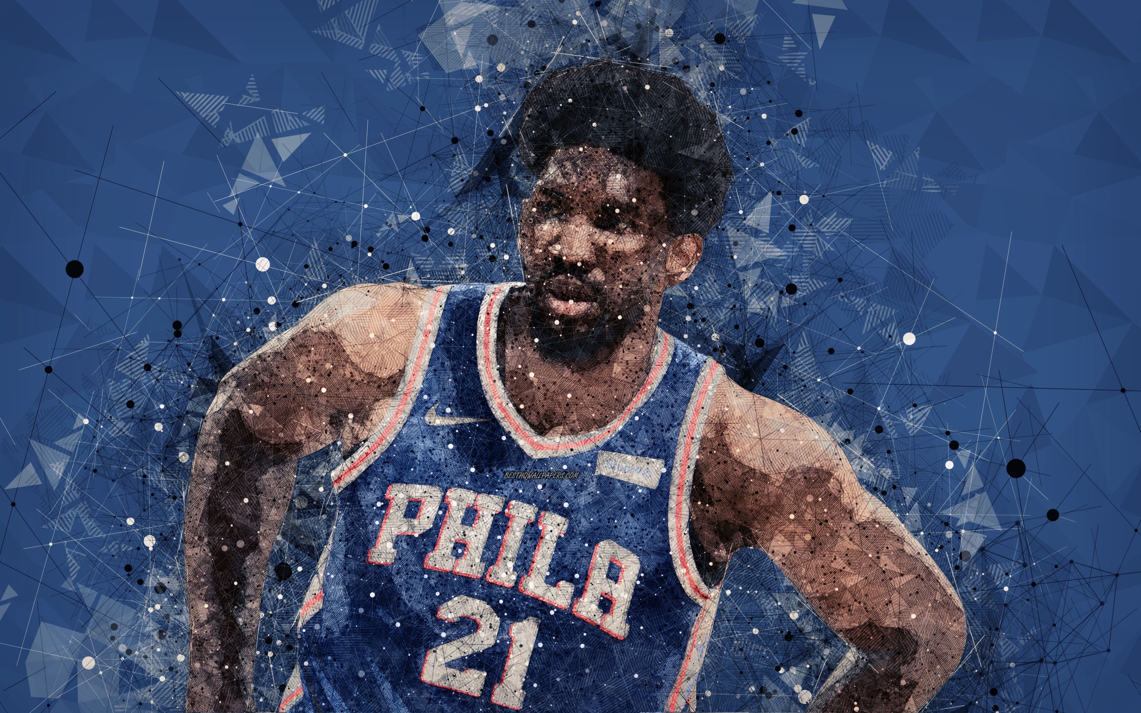 3840x2400 Download wallpaper Joel Embiid, Philadelphia 76ers, 4k, face, creative geomeric portrait, art portrait, NBA, Cameroonian basketball player, USA, basketball for desktop with resolution. High Quality HD picture wallpaper, Desktop